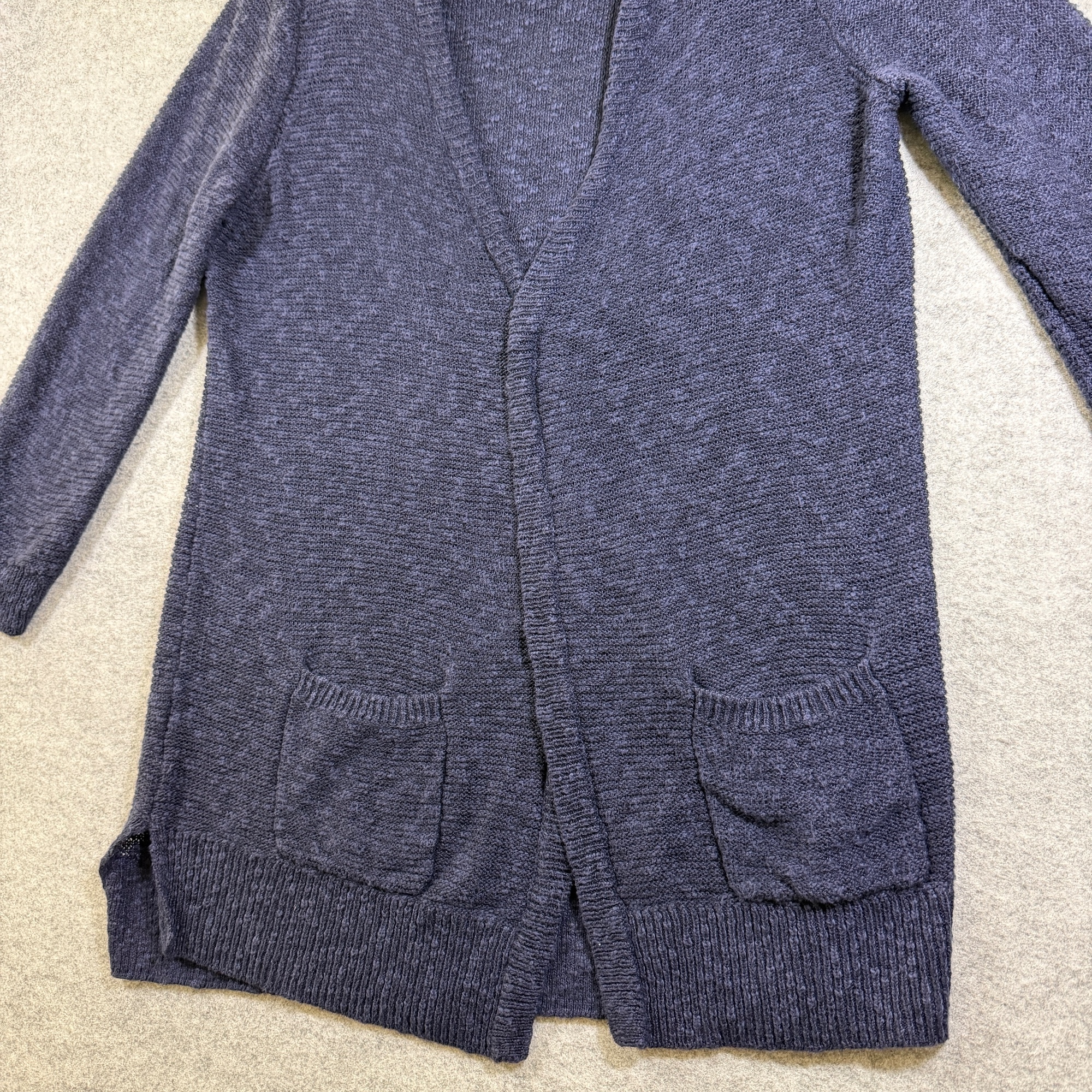 LOFT Open Front Cardigan Sweater Womens M Navy Blue Linen Cotton Patch Pocket thumbnail 5