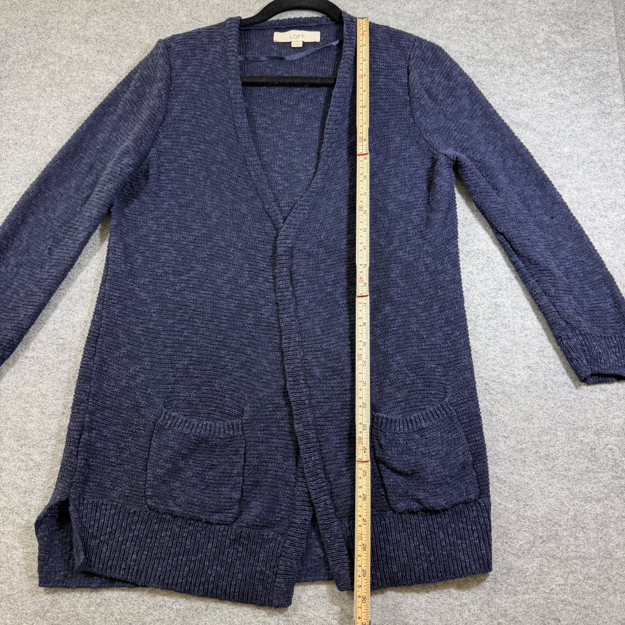LOFT Open Front Cardigan Sweater Womens M Navy Blue Linen Cotton Patch Pocket thumbnail 7