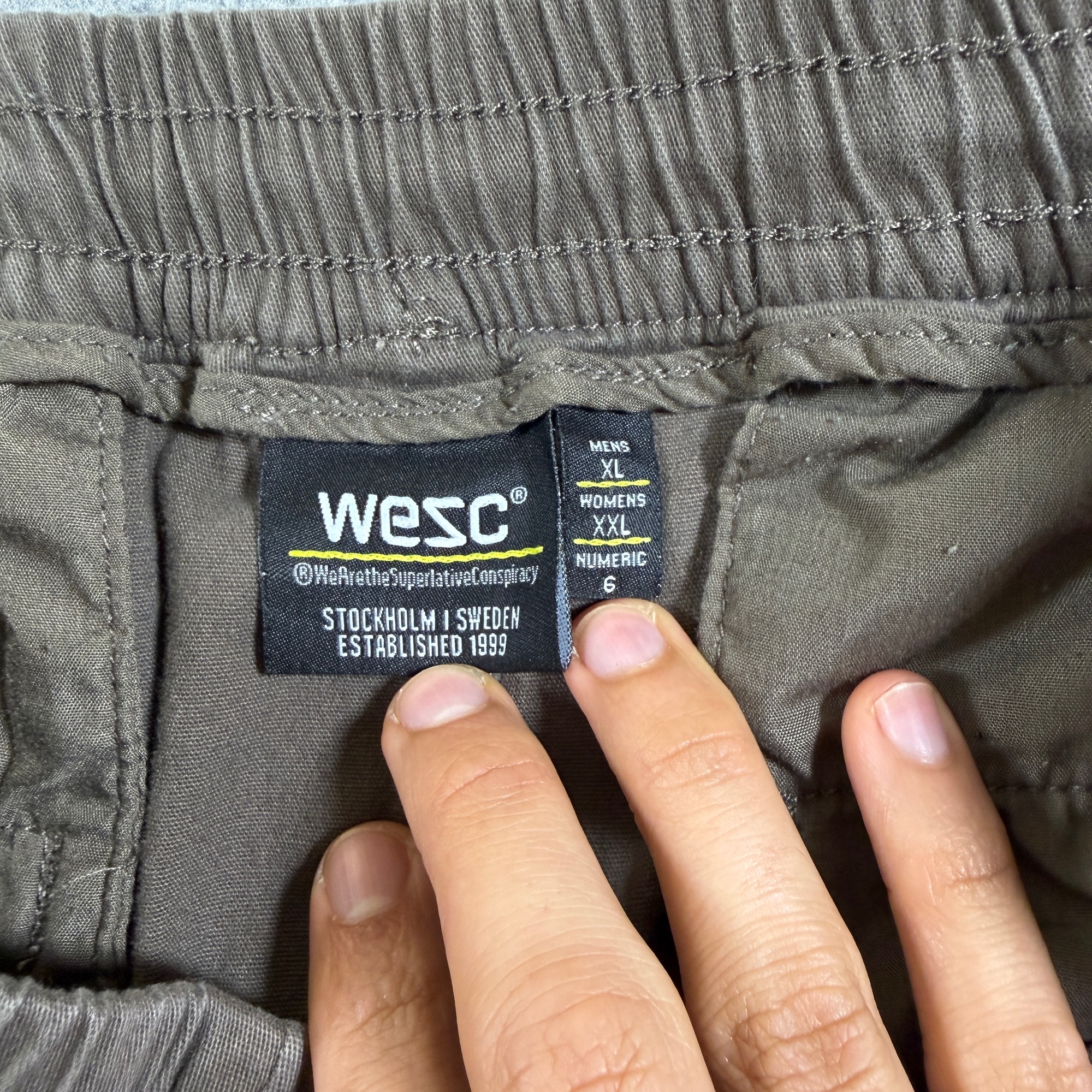 WeSC Cargo Jogger Pants Mens XL Dark Khaki Slim Utility Drawstring Elastic Cuff thumbnail 4