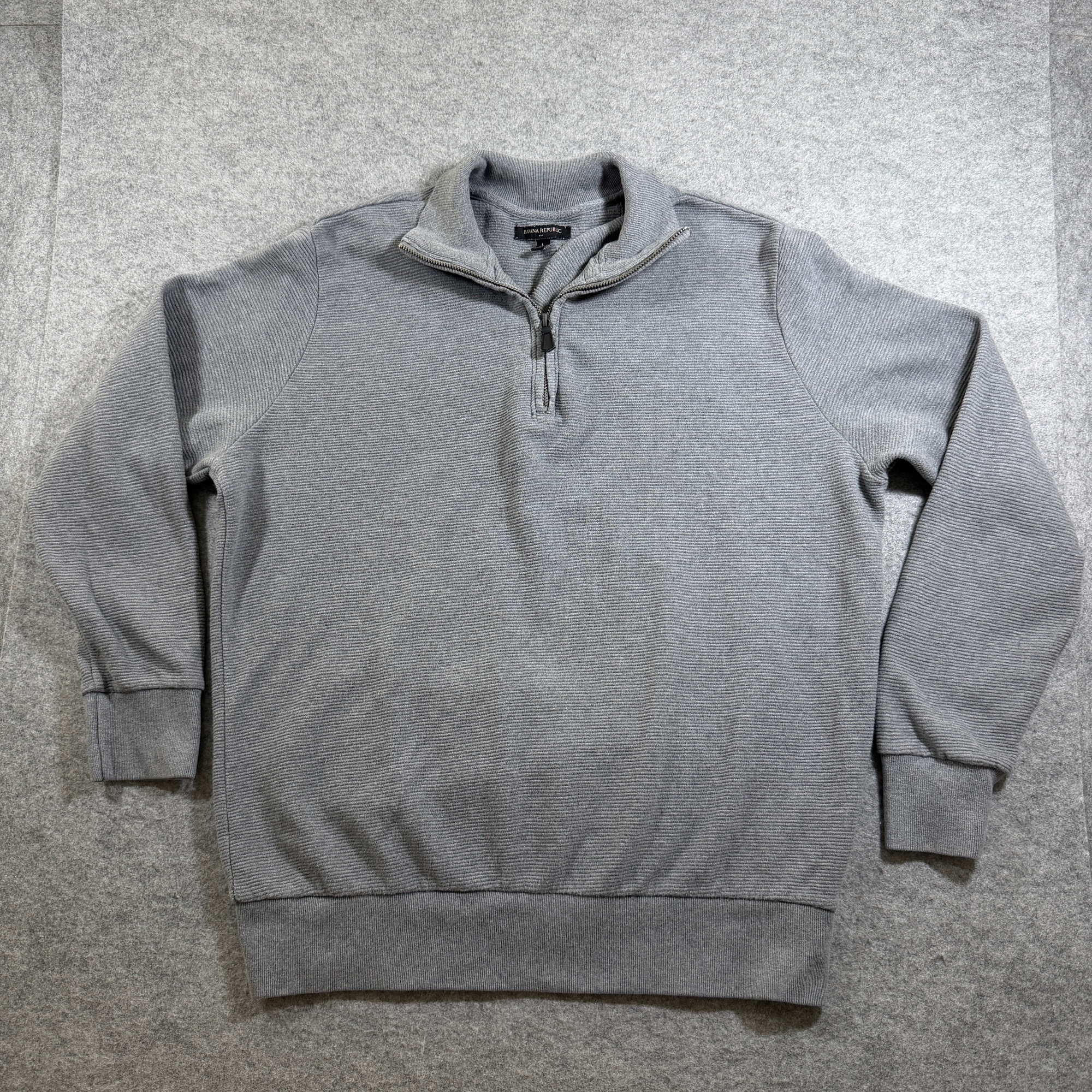 Banana Republic Quarter Zip Sweater Mens LG Gray Ribbed Cotton Relaxed Fit Soft