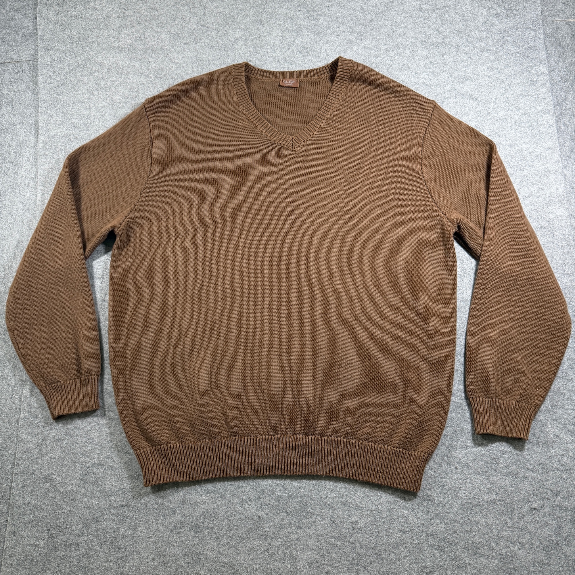 John Galt V-Neck Knit Sweater Womens OS Brown Ribbed Cuffs Relaxed Fit Cotton