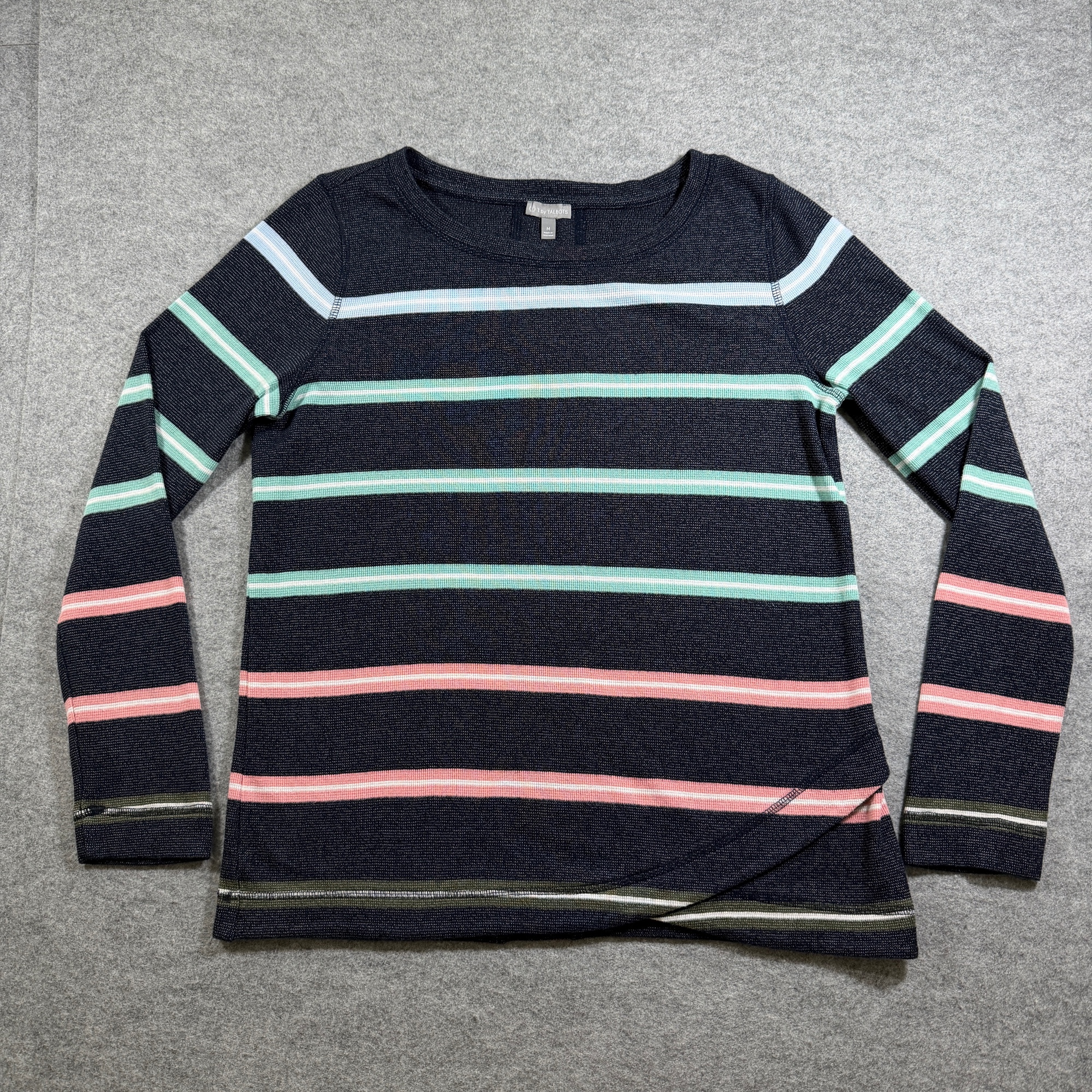T by Talbots Striped Sweater Womens M Navy Teal Crossover Hem Long Sleeve Cotton