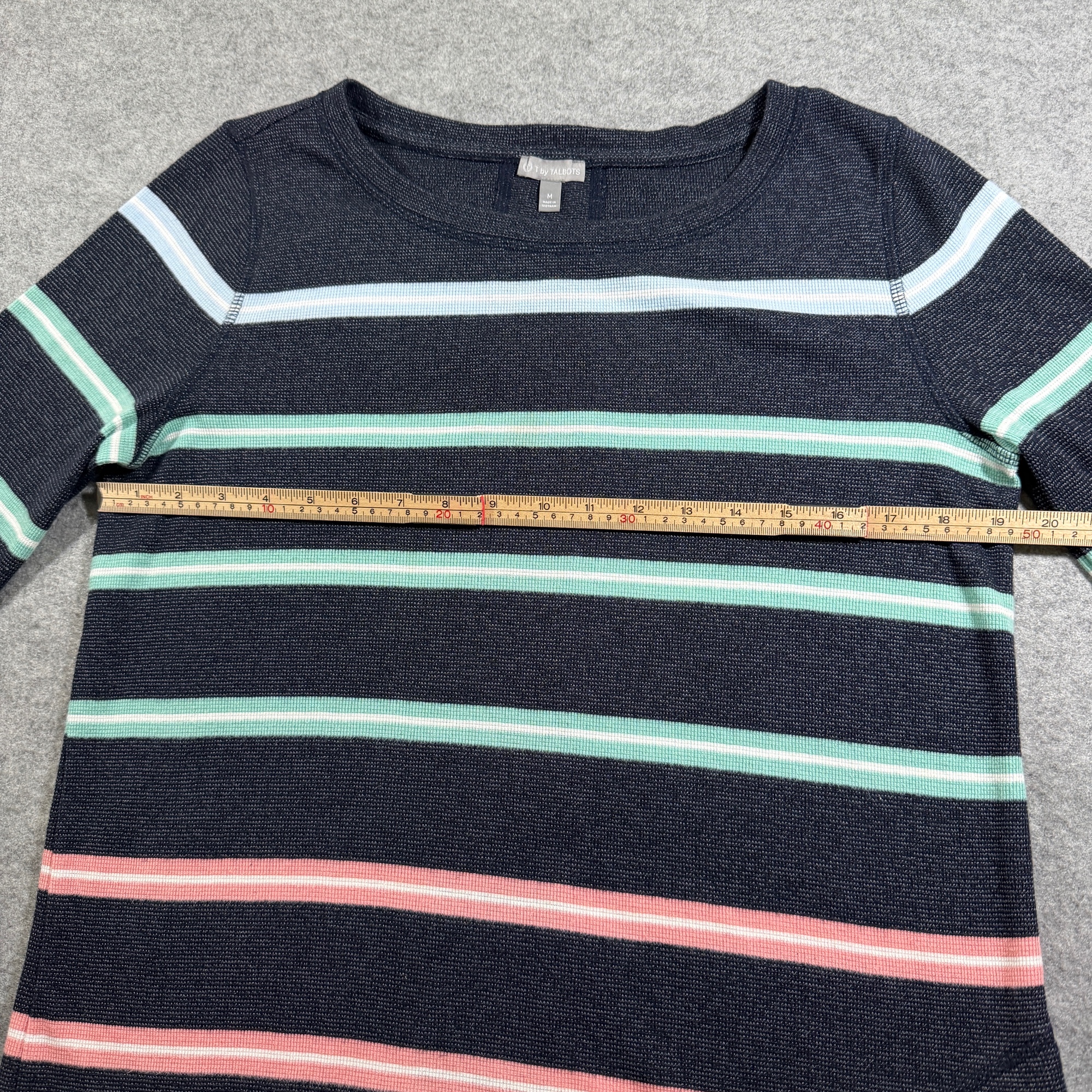 T by Talbots Striped Sweater Womens M Navy Teal Crossover Hem Long Sleeve Cotton thumbnail 5