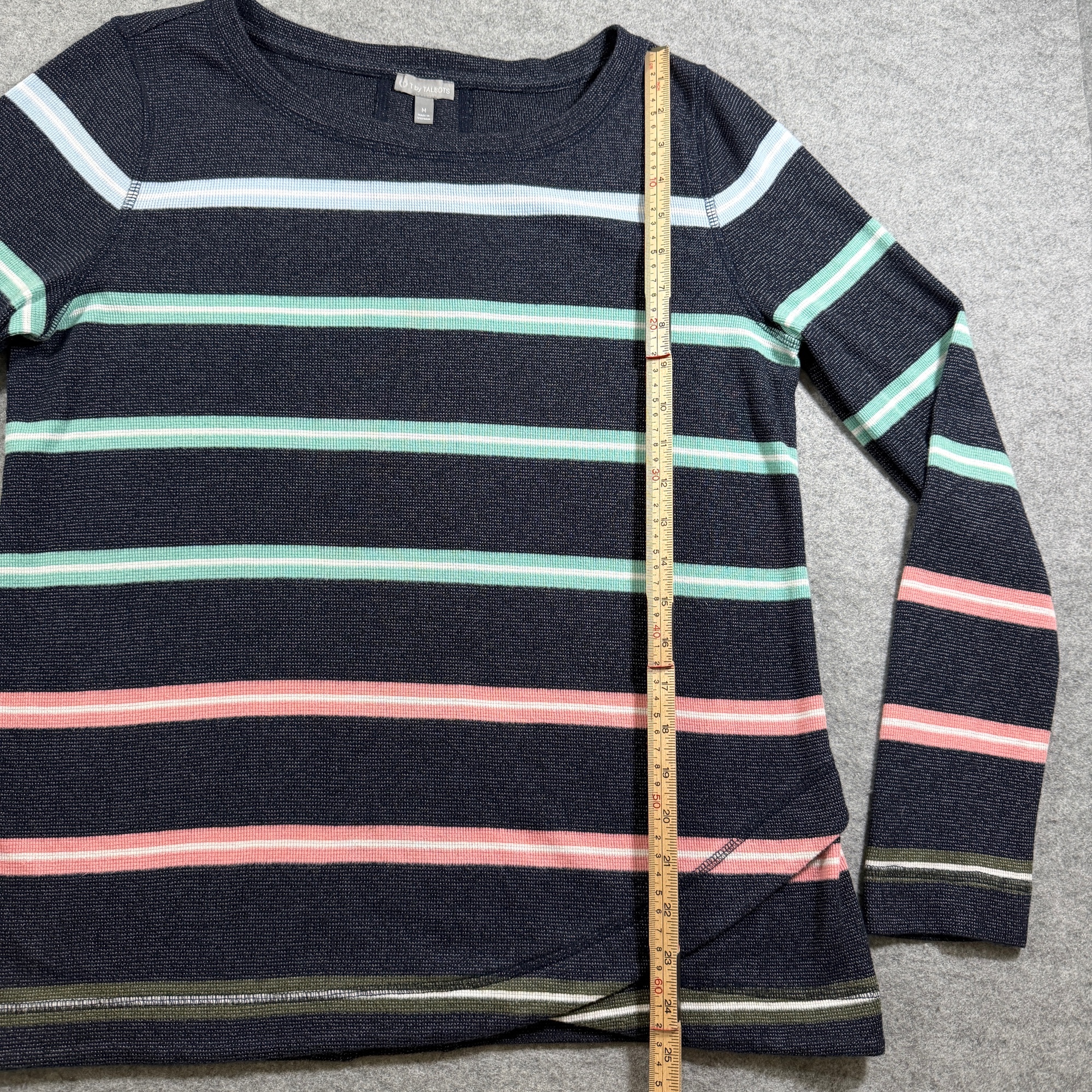 T by Talbots Striped Sweater Womens M Navy Teal Crossover Hem Long Sleeve Cotton thumbnail 6