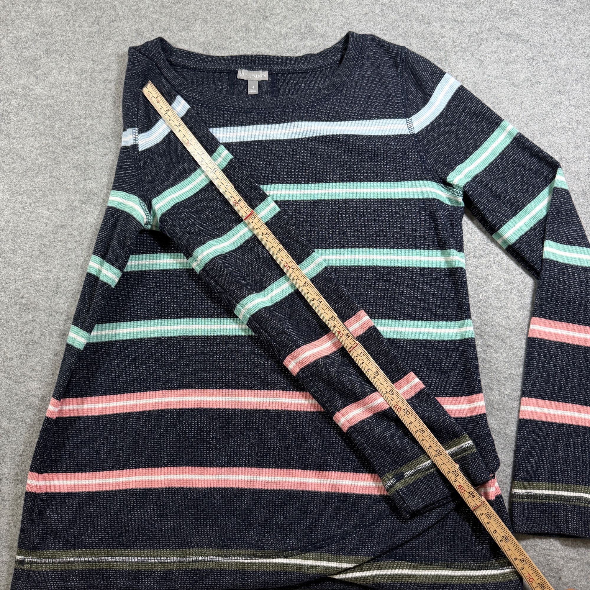 T by Talbots Striped Sweater Womens M Navy Teal Crossover Hem Long Sleeve Cotton thumbnail 7