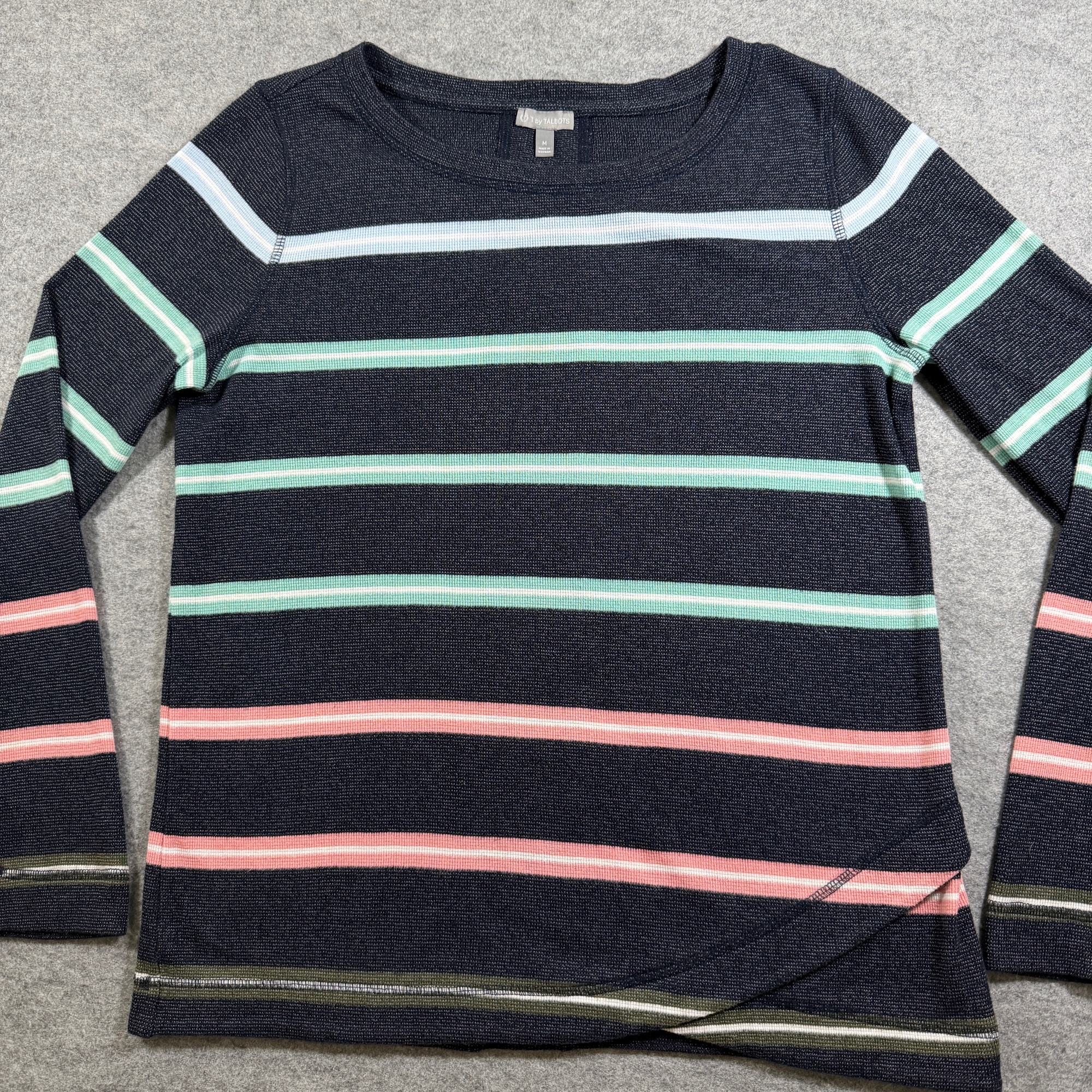 T by Talbots Striped Sweater Womens M Navy Teal Crossover Hem Long Sleeve Cotton thumbnail 8