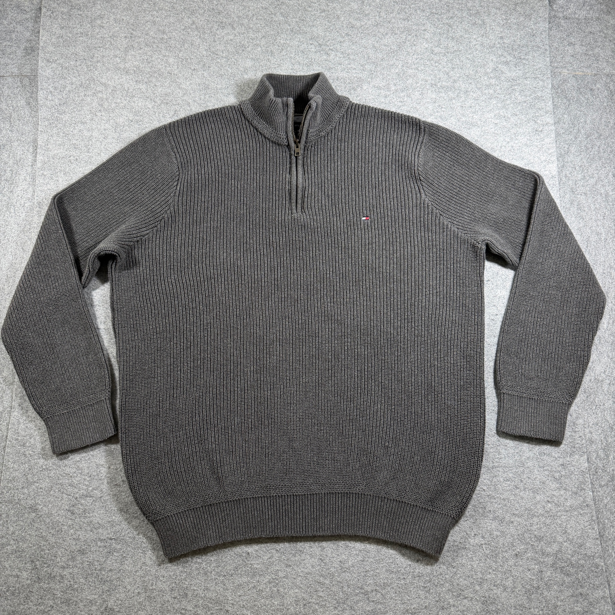 Tommy Hilfiger Quarter Zip Sweater Mens XXL Gray Ribbed Knit Mock Neck Cotton