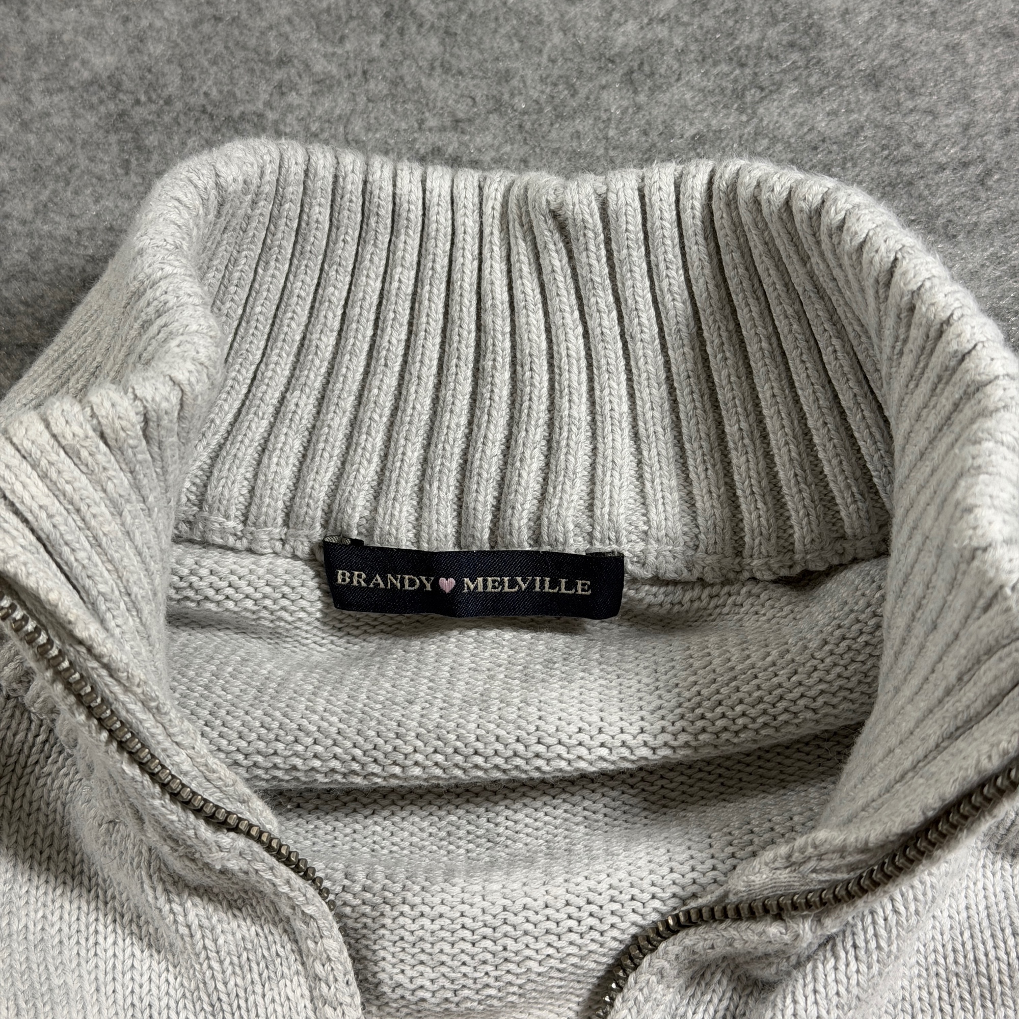 Brandy Melville Quarter Zip Sweater Womens OS Gray White Striped Cotton Ribbed thumbnail 4