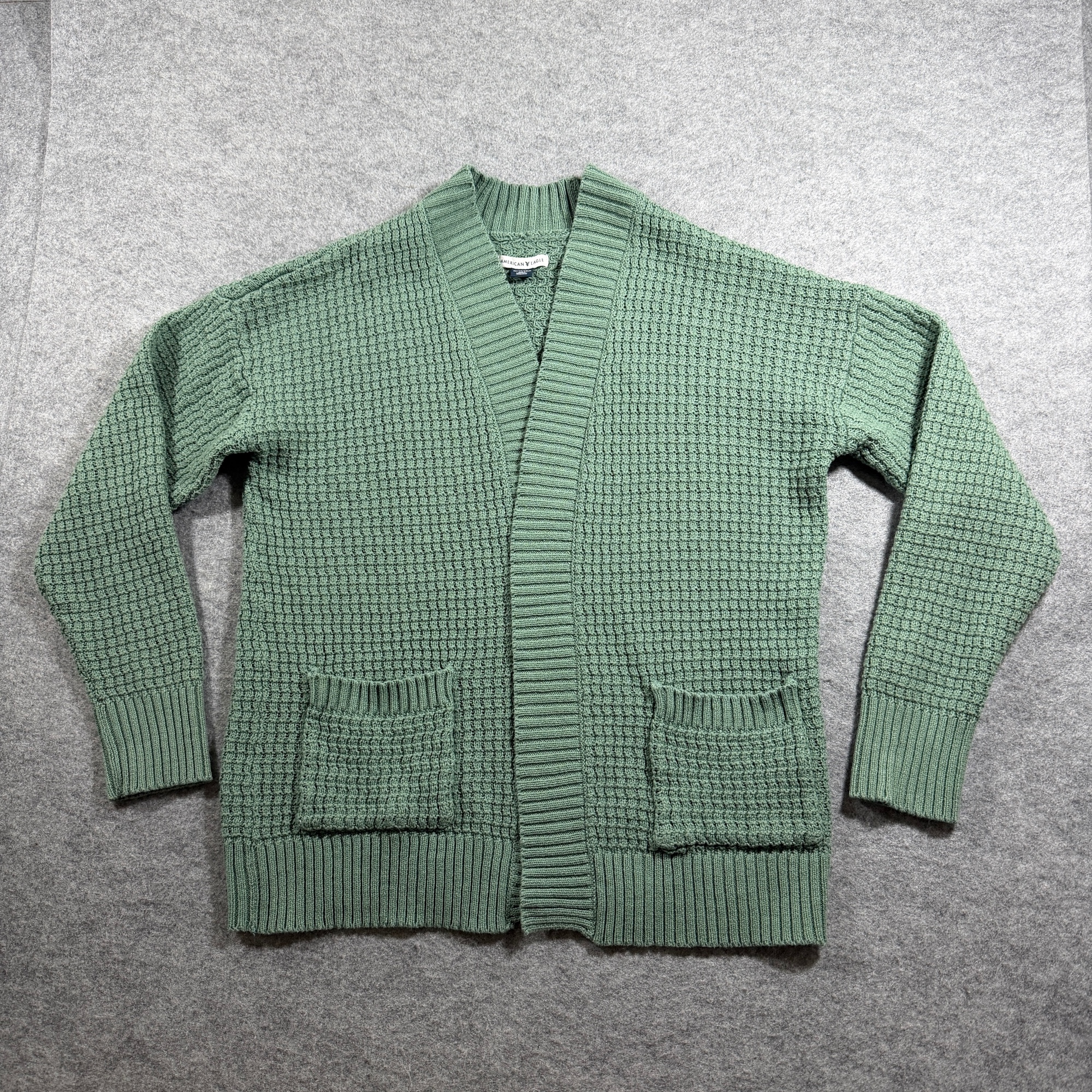 American Eagle Waffle Knit Cardigan Womens XS Sage Green Open Front Cotton