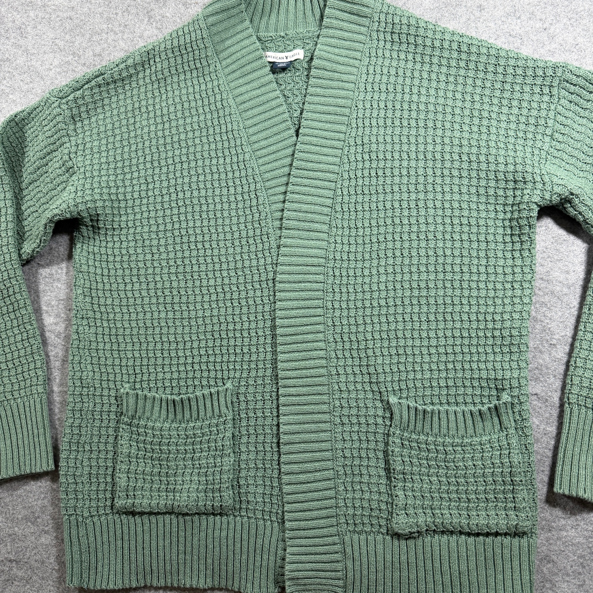 American Eagle Waffle Knit Cardigan Womens XS Sage Green Open Front Cotton thumbnail 5