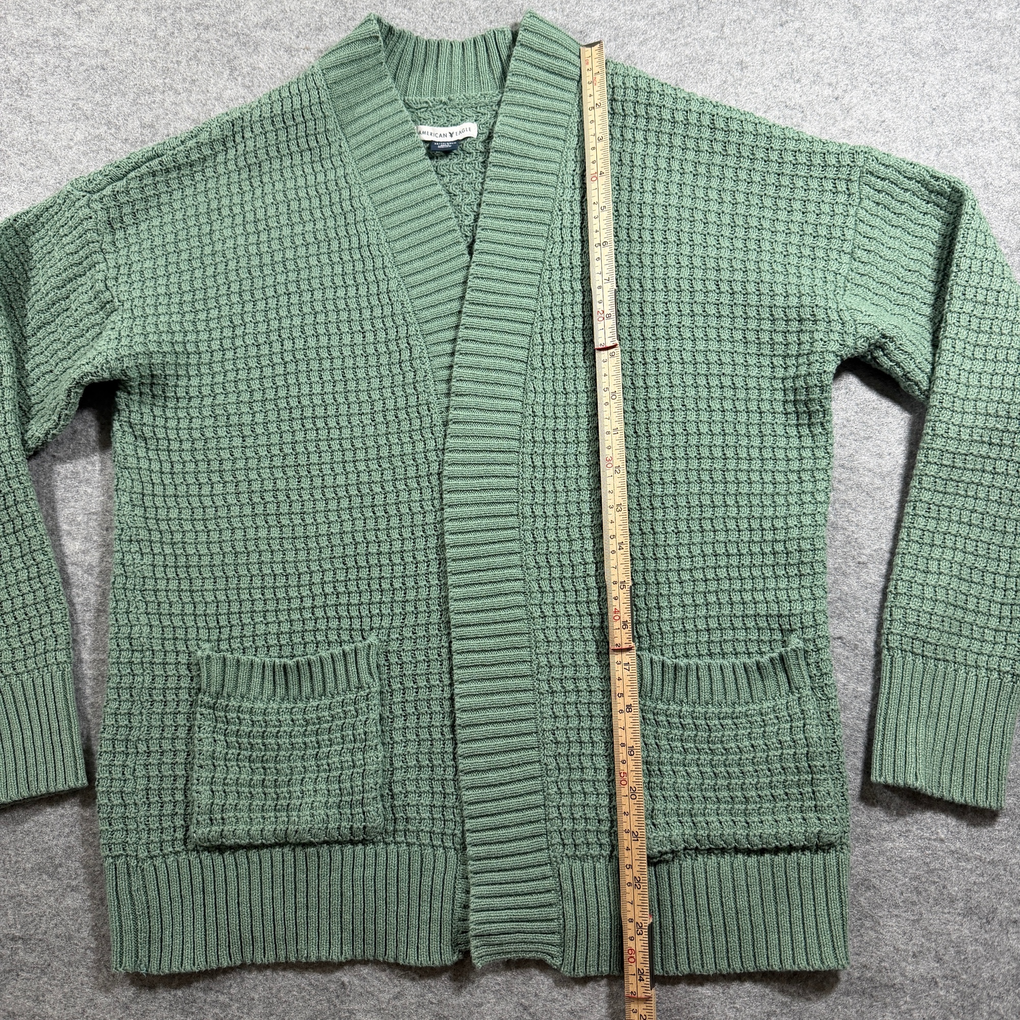 American Eagle Waffle Knit Cardigan Womens XS Sage Green Open Front Cotton thumbnail 6