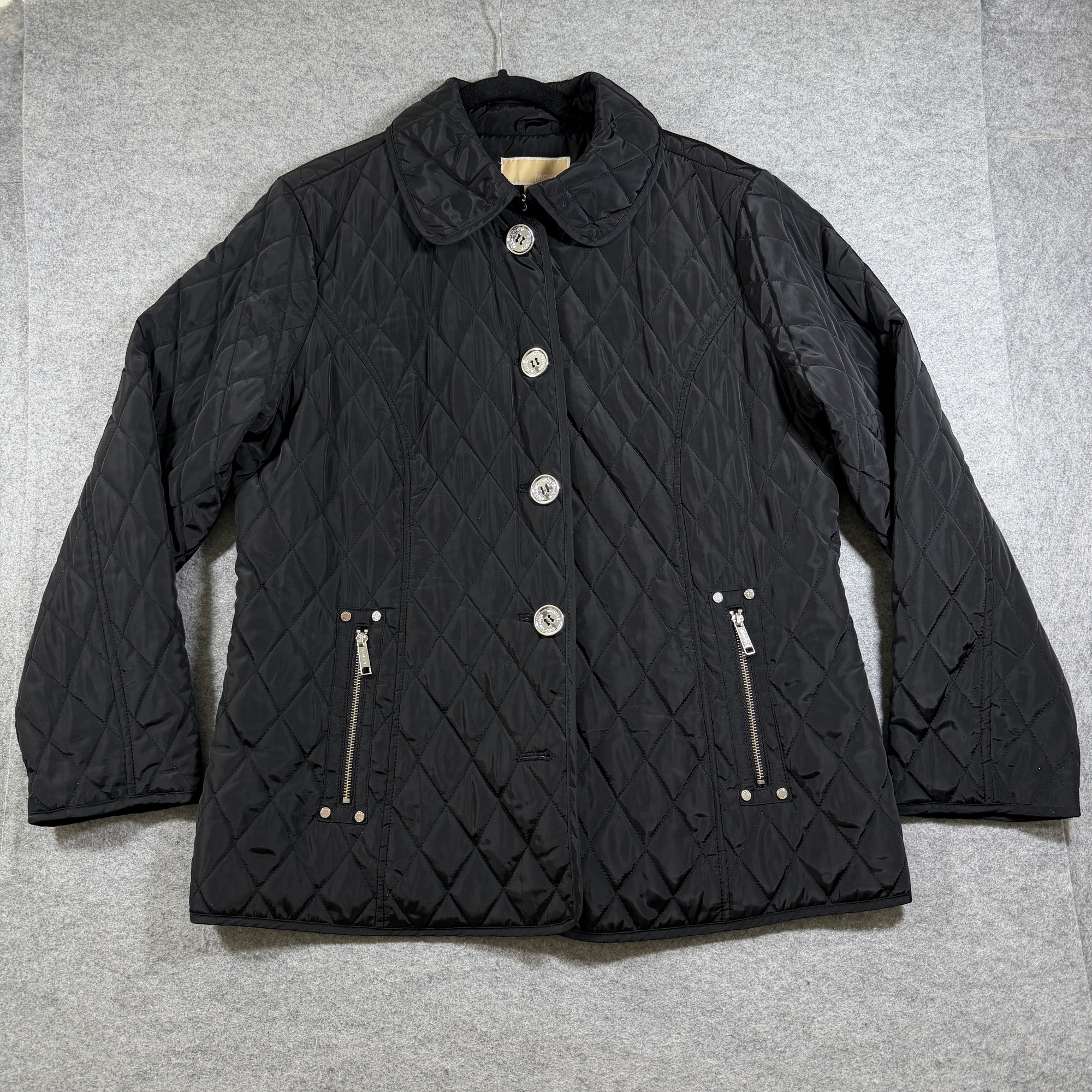 Michael Kors Quilted Coat Womens XL Black Diamond Snap Collar Monogram Lining