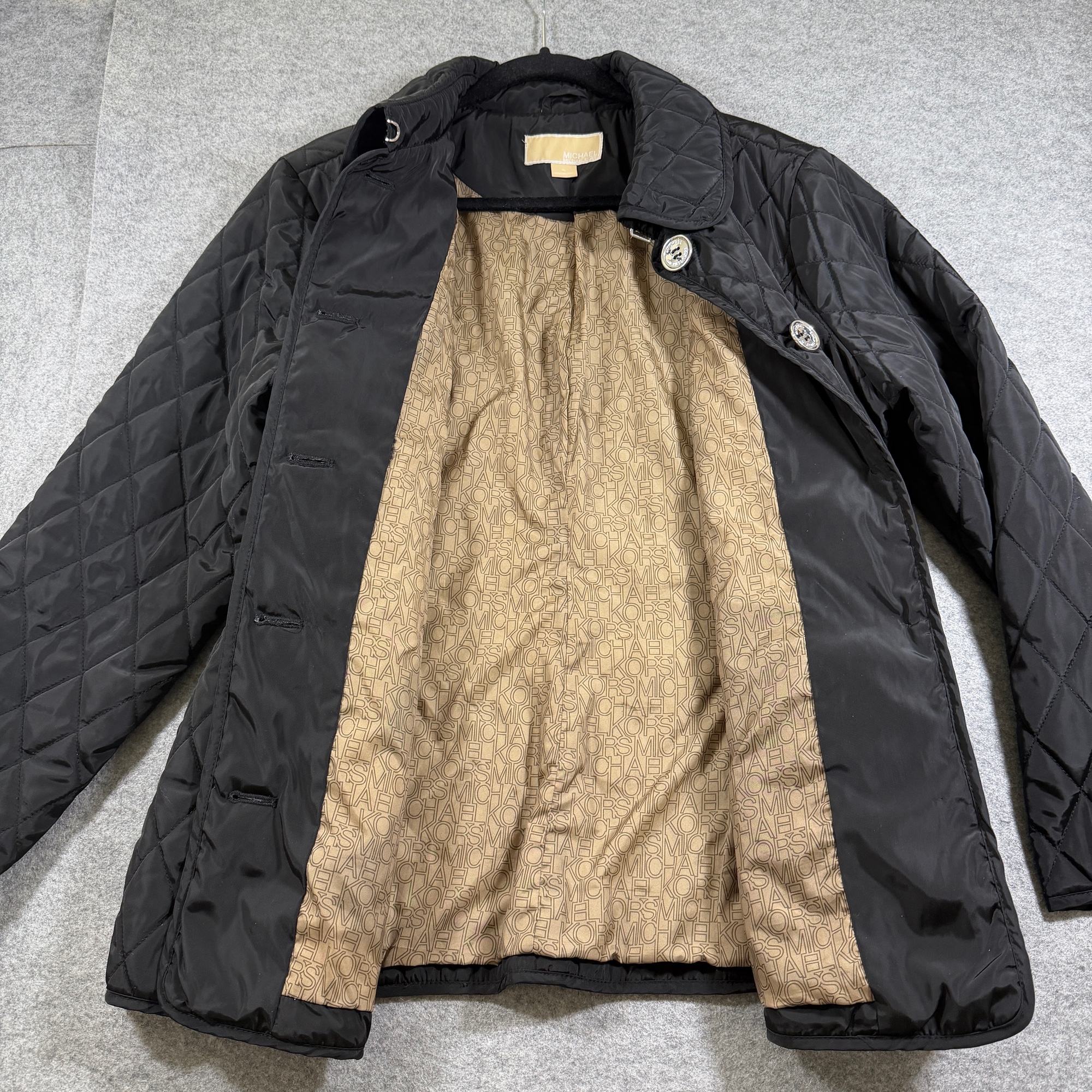 Michael Kors Quilted Coat Womens XL Black Diamond Snap Collar Monogram Lining thumbnail 3
