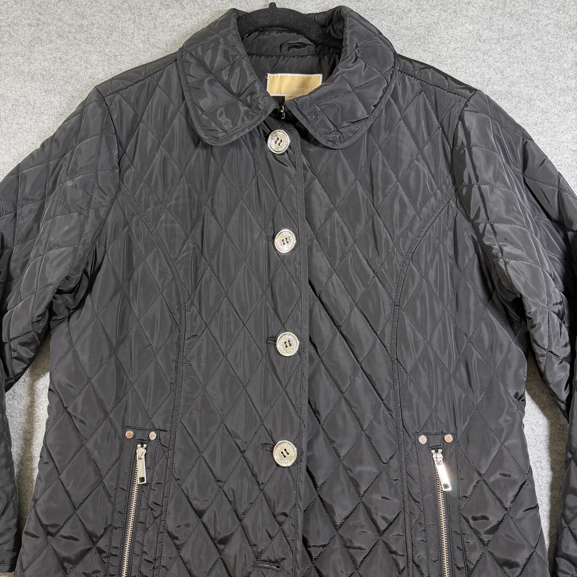 Michael Kors Quilted Coat Womens XL Black Diamond Snap Collar Monogram Lining thumbnail 5