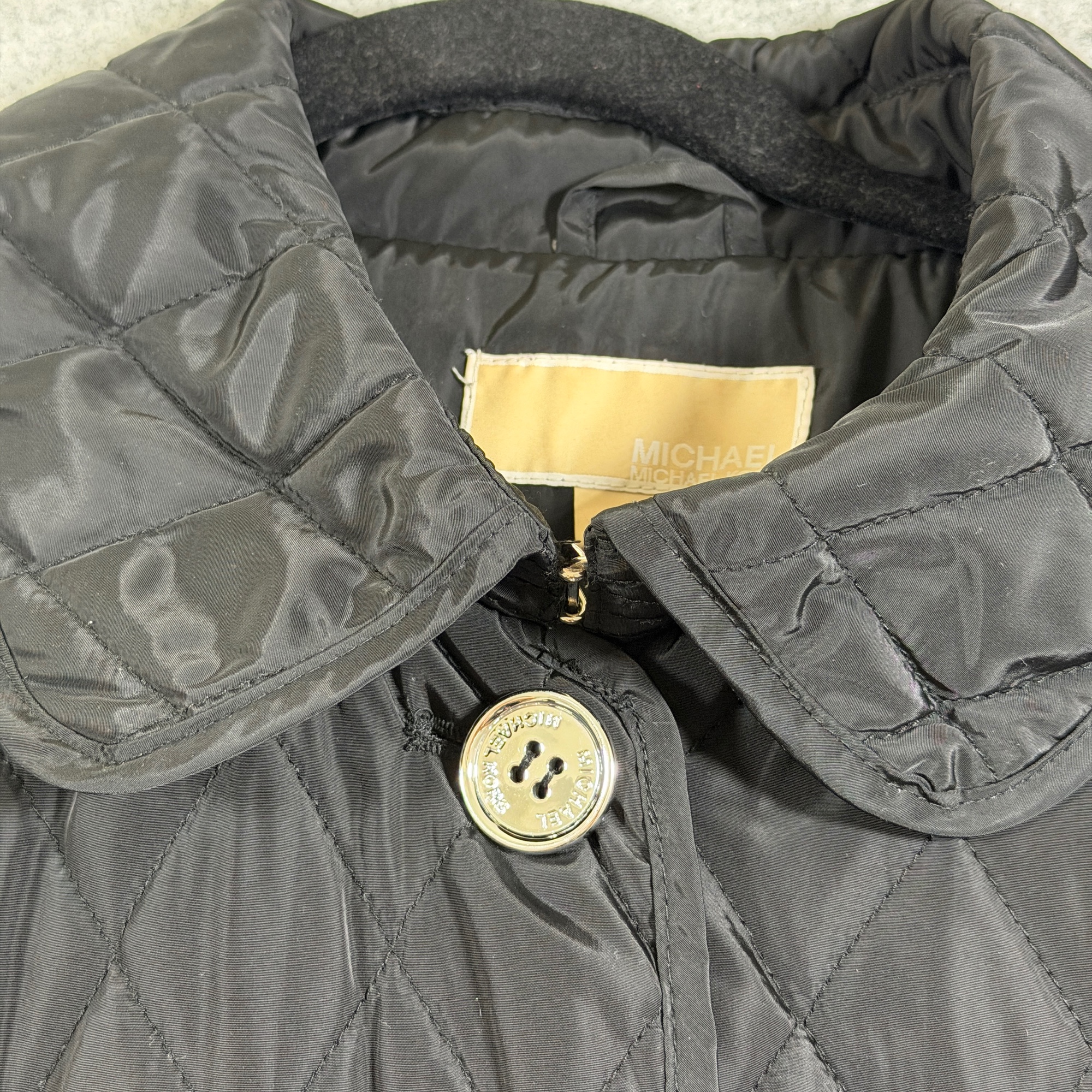 Michael Kors Quilted Coat Womens XL Black Diamond Snap Collar Monogram Lining thumbnail 9