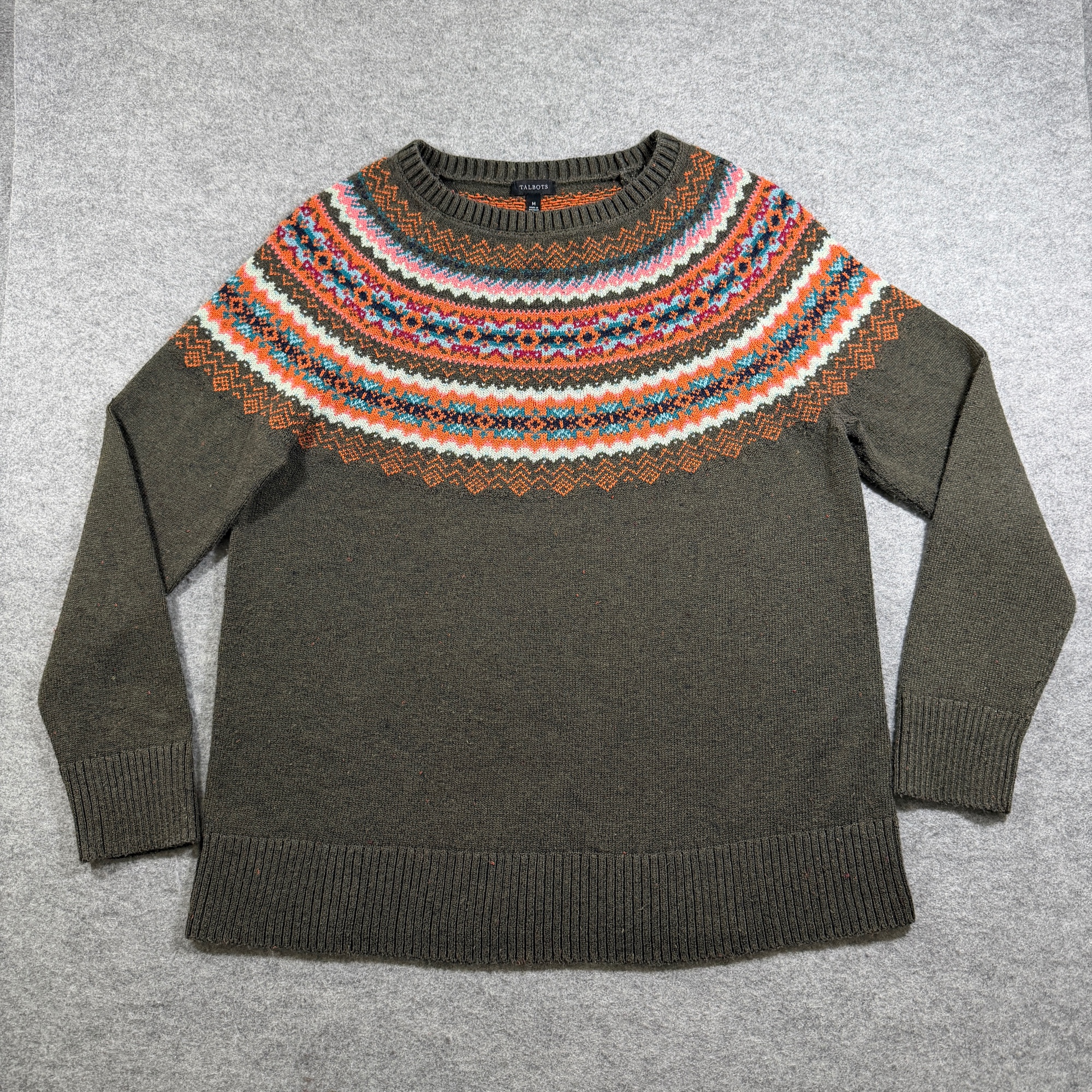 Talbots Fair Isle Sweater Womens M Olive Green Crew Neck Ribbed Cotton Blend