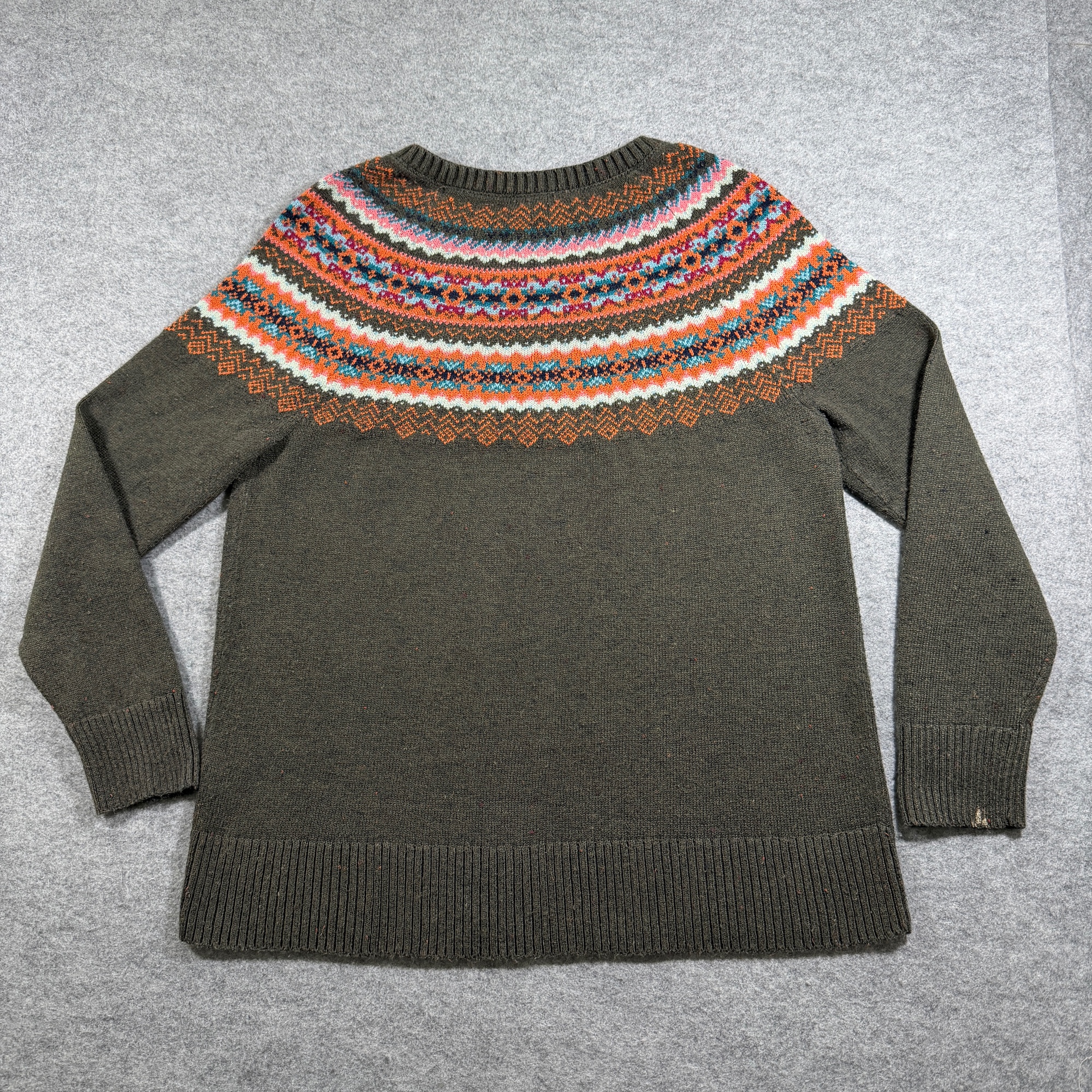 Talbots Fair Isle Sweater Womens M Olive Green Crew Neck Ribbed Cotton Blend thumbnail 2