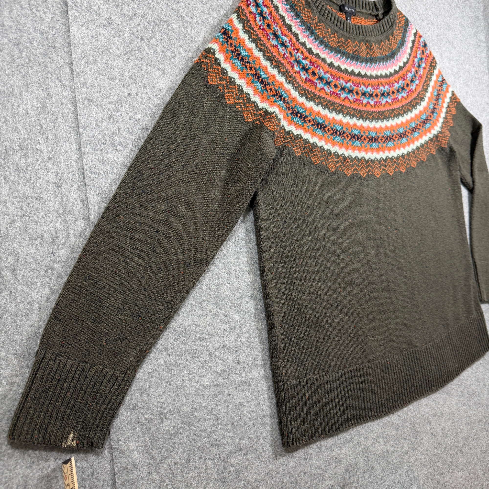 Talbots Fair Isle Sweater Womens M Olive Green Crew Neck Ribbed Cotton Blend thumbnail 4