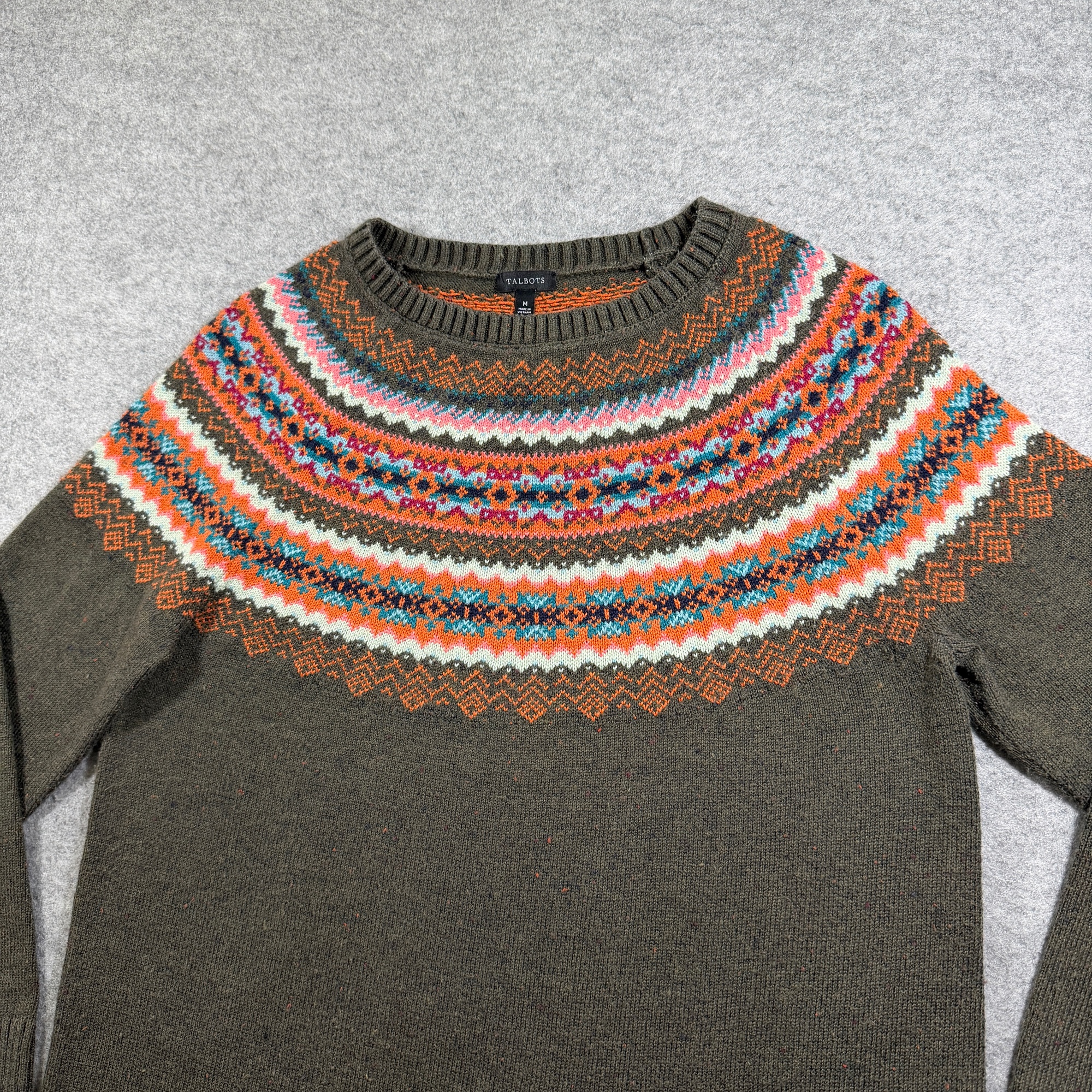 Talbots Fair Isle Sweater Womens M Olive Green Crew Neck Ribbed Cotton Blend thumbnail 5