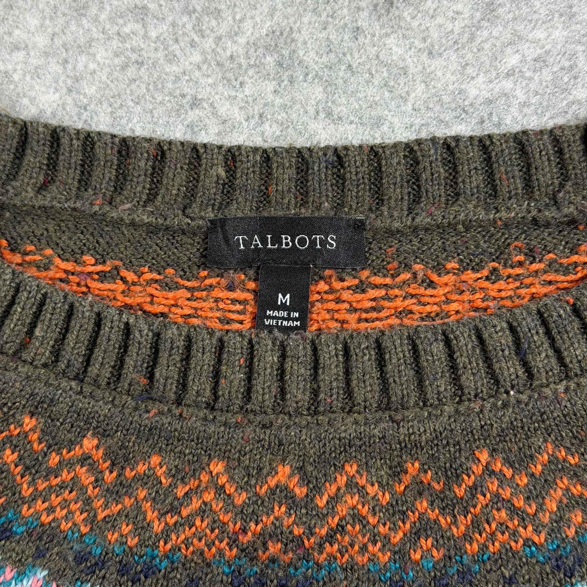 Talbots Fair Isle Sweater Womens M Olive Green Crew Neck Ribbed Cotton Blend thumbnail 6