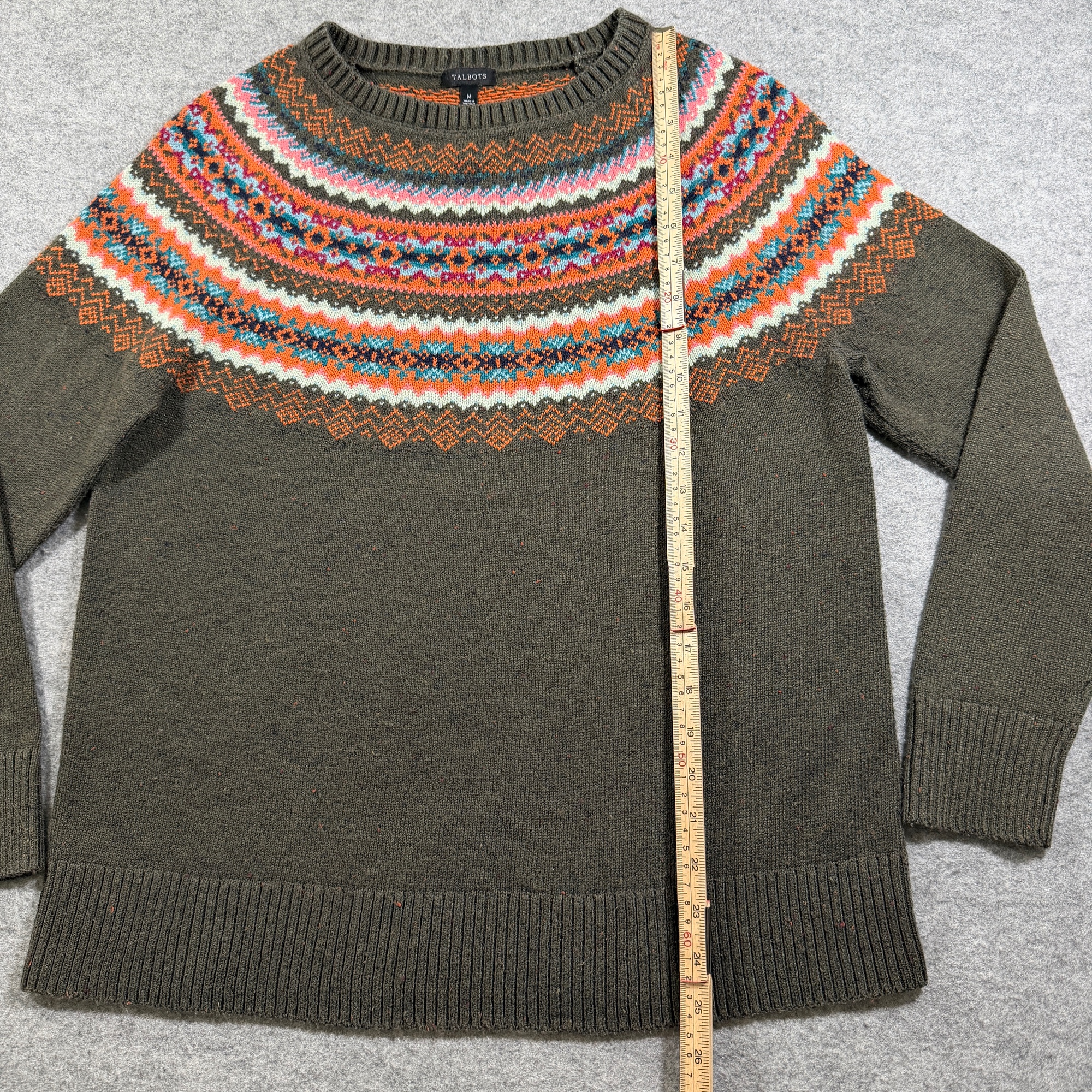 Talbots Fair Isle Sweater Womens M Olive Green Crew Neck Ribbed Cotton Blend thumbnail 7