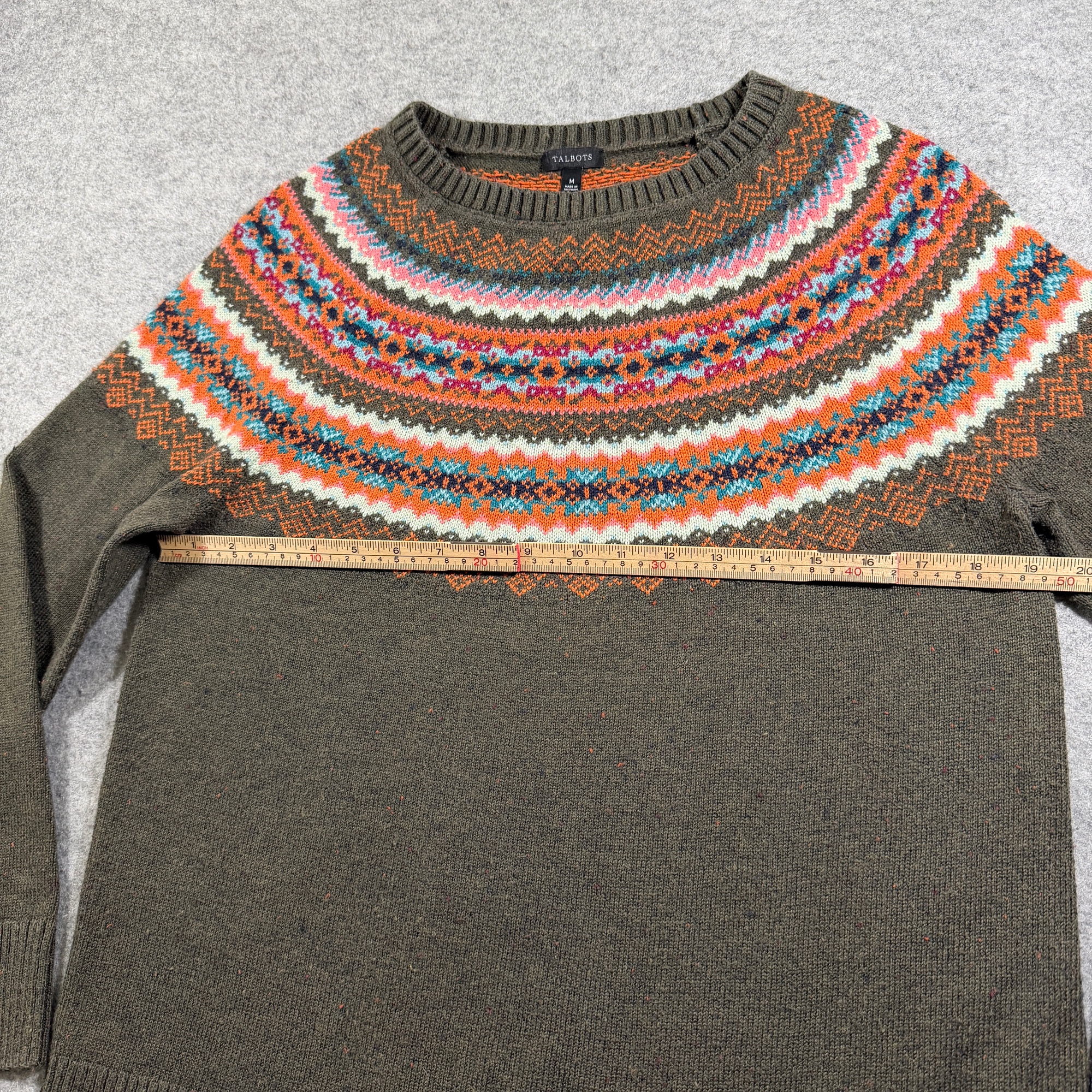Talbots Fair Isle Sweater Womens M Olive Green Crew Neck Ribbed Cotton Blend thumbnail 8