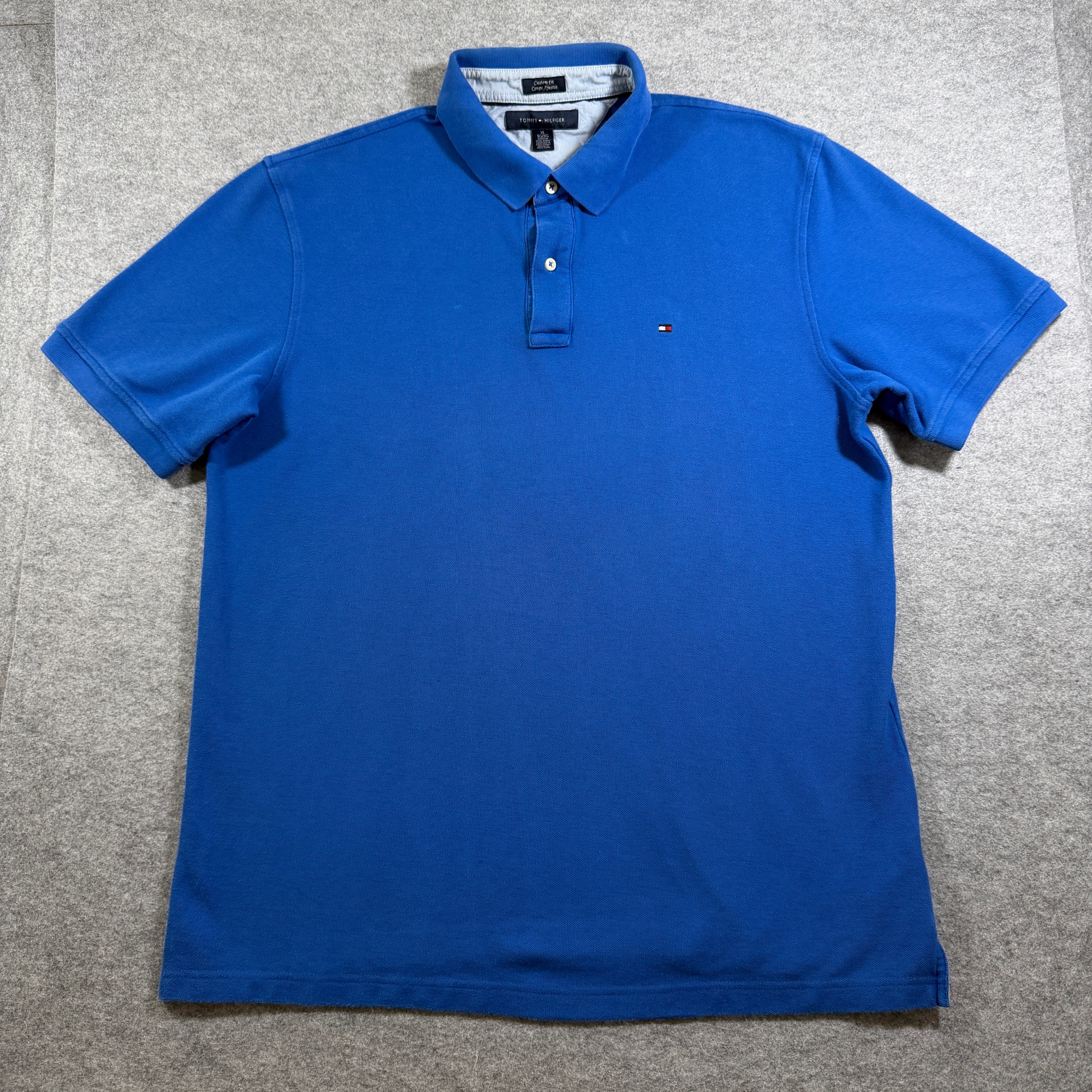Tommy Hilfiger Polo Shirt Mens XL Blue Custom Fit Pique Cotton Flag Logo