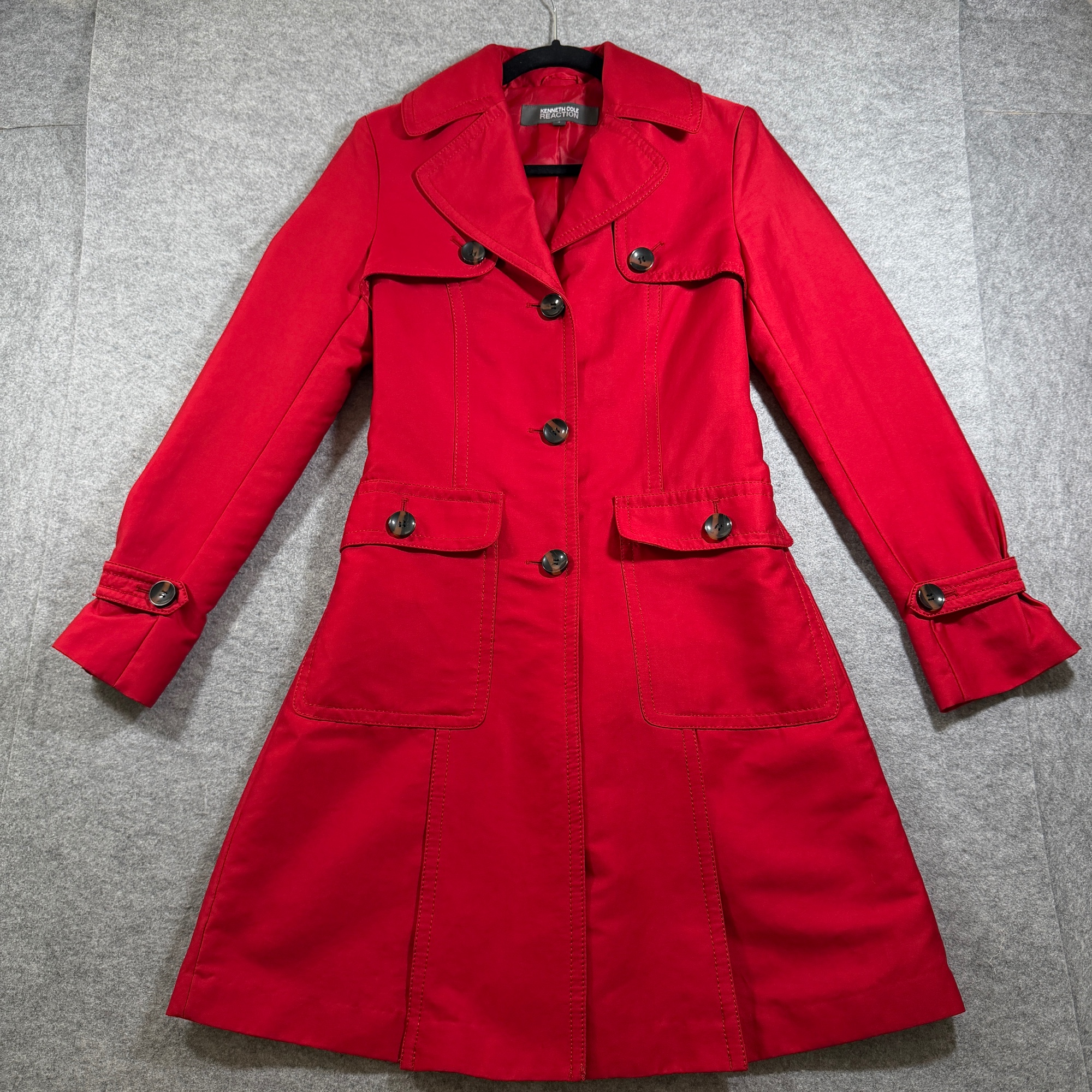 Kenneth Cole Reaction Trench Coat Womens S Bright Red Belted Long Dressy Chic