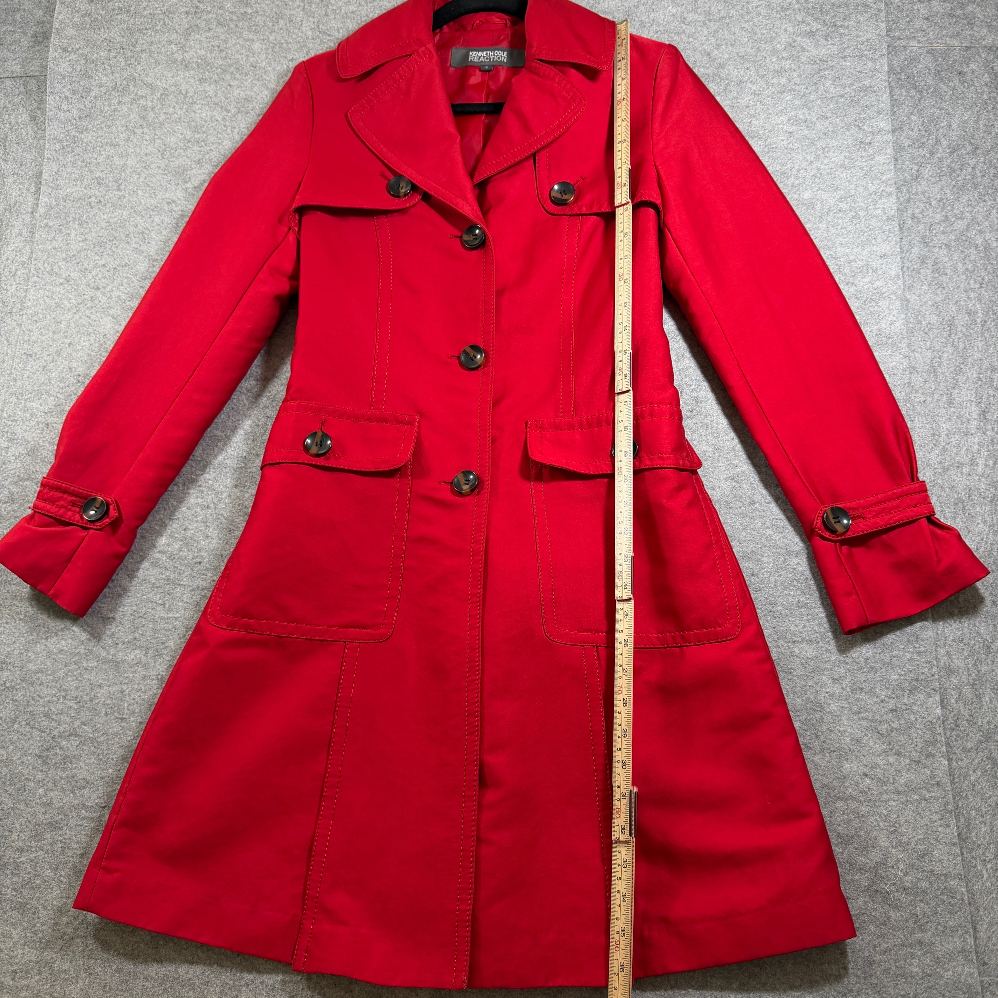 Kenneth Cole Reaction Trench Coat Womens S Bright Red Belted Long Dressy Chic thumbnail 7