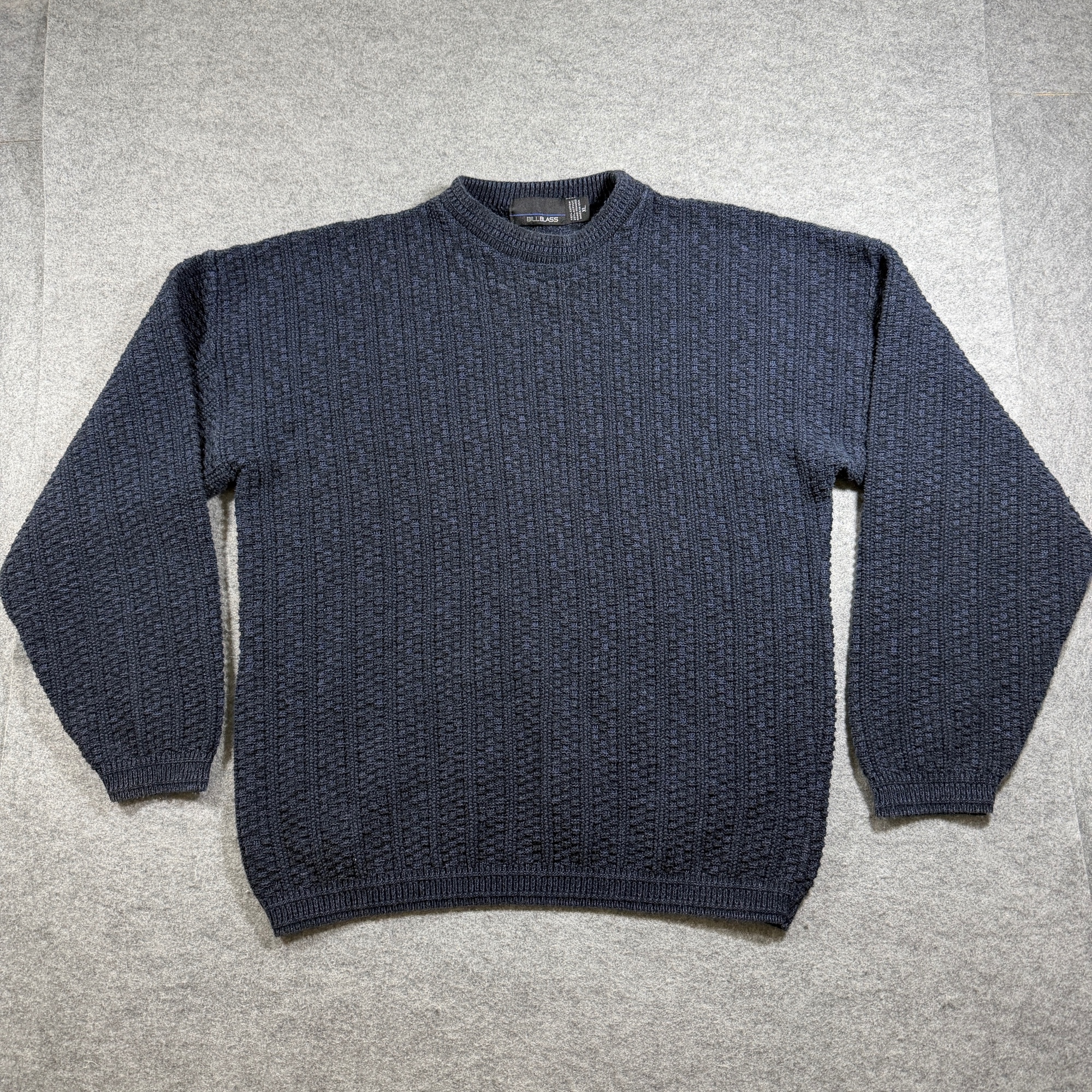 Vintage Bill Blass Textured Knit Sweater Mens XL Navy Crew Neck Cotton USA Made