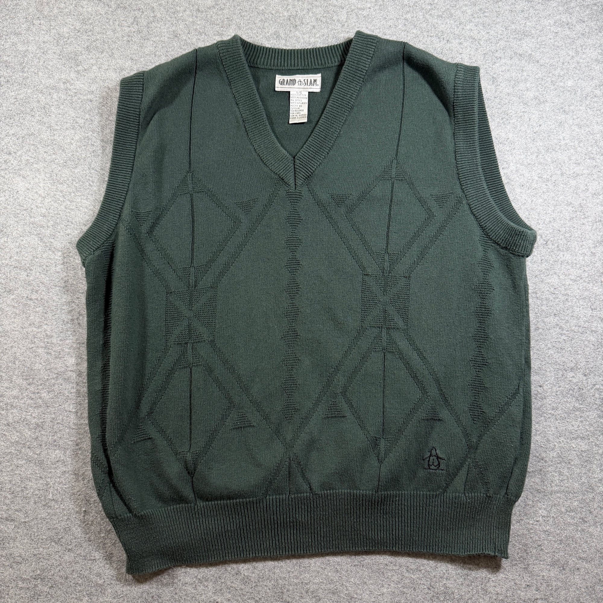 Vintage Grand Slam Golf Sweater Vest Mens L Dark Green Argyle V Neck Cotton Prep