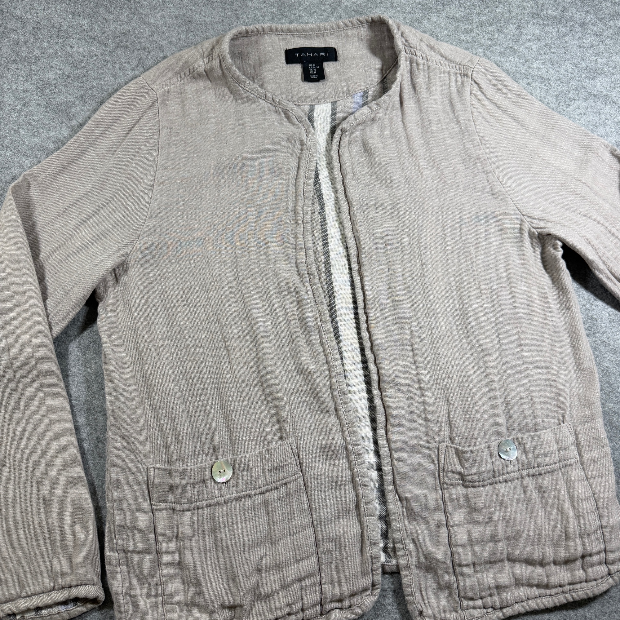 Tahari Linen Jacket Womens M Taupe Open Front Button Pockets Office Workwear thumbnail 3
