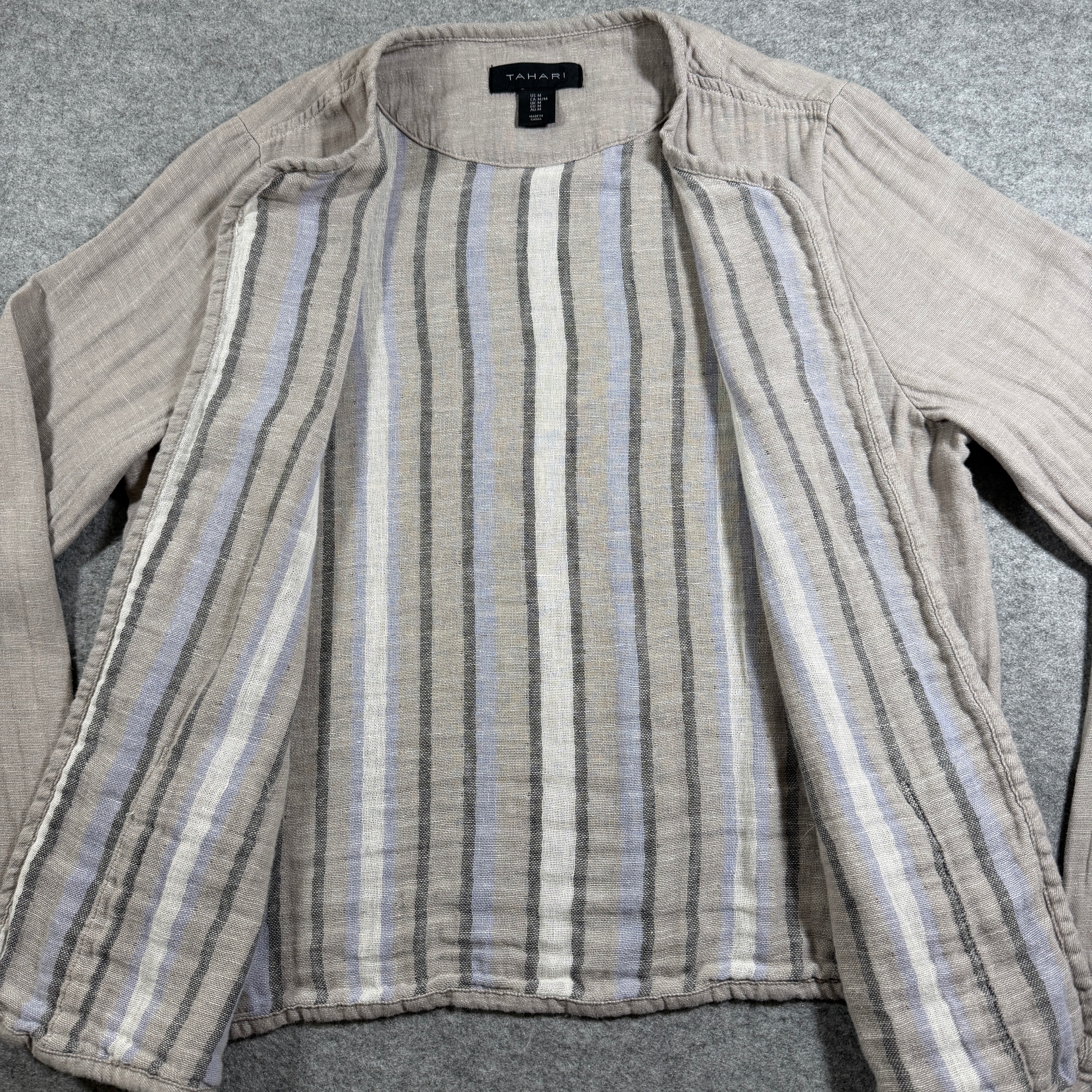 Tahari Linen Jacket Womens M Taupe Open Front Button Pockets Office Workwear thumbnail 4