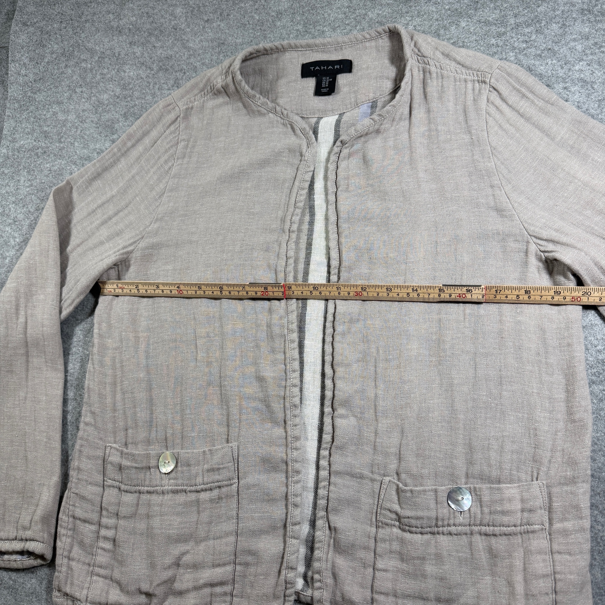 Tahari Linen Jacket Womens M Taupe Open Front Button Pockets Office Workwear thumbnail 6