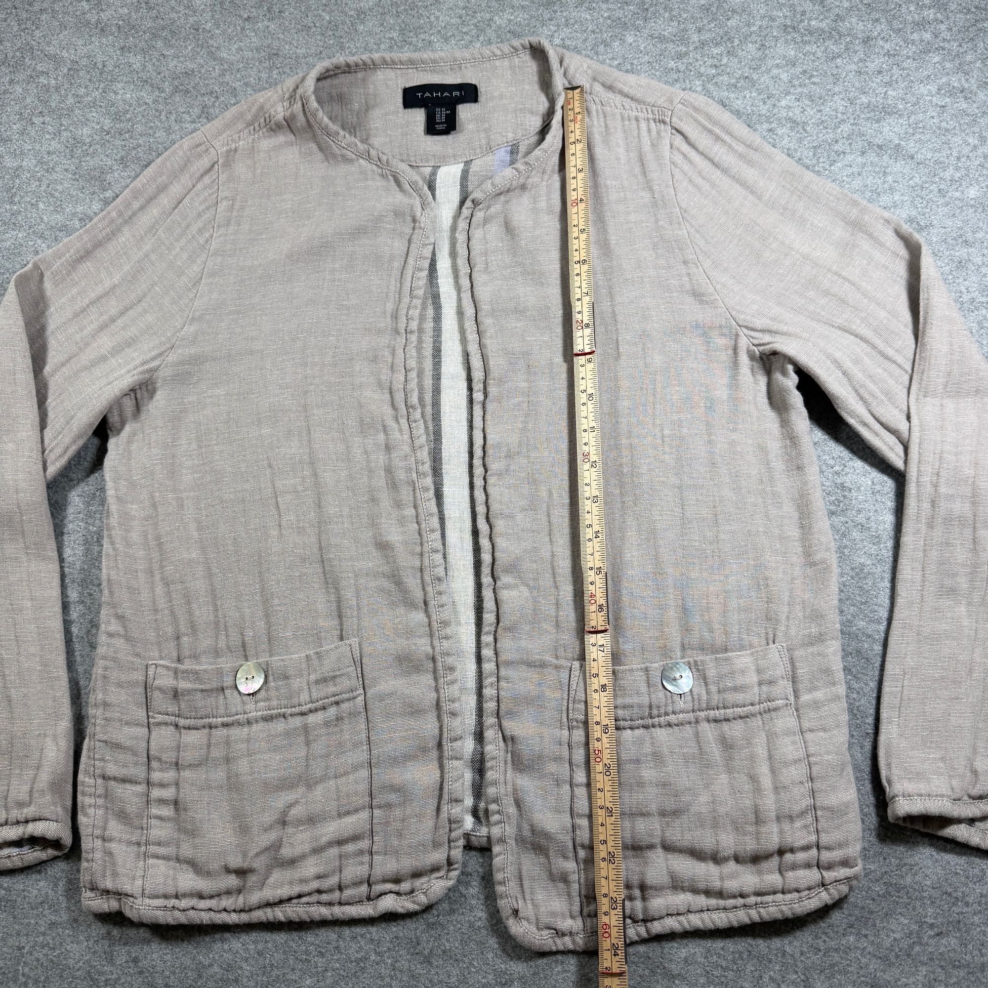 Tahari Linen Jacket Womens M Taupe Open Front Button Pockets Office Workwear thumbnail 7