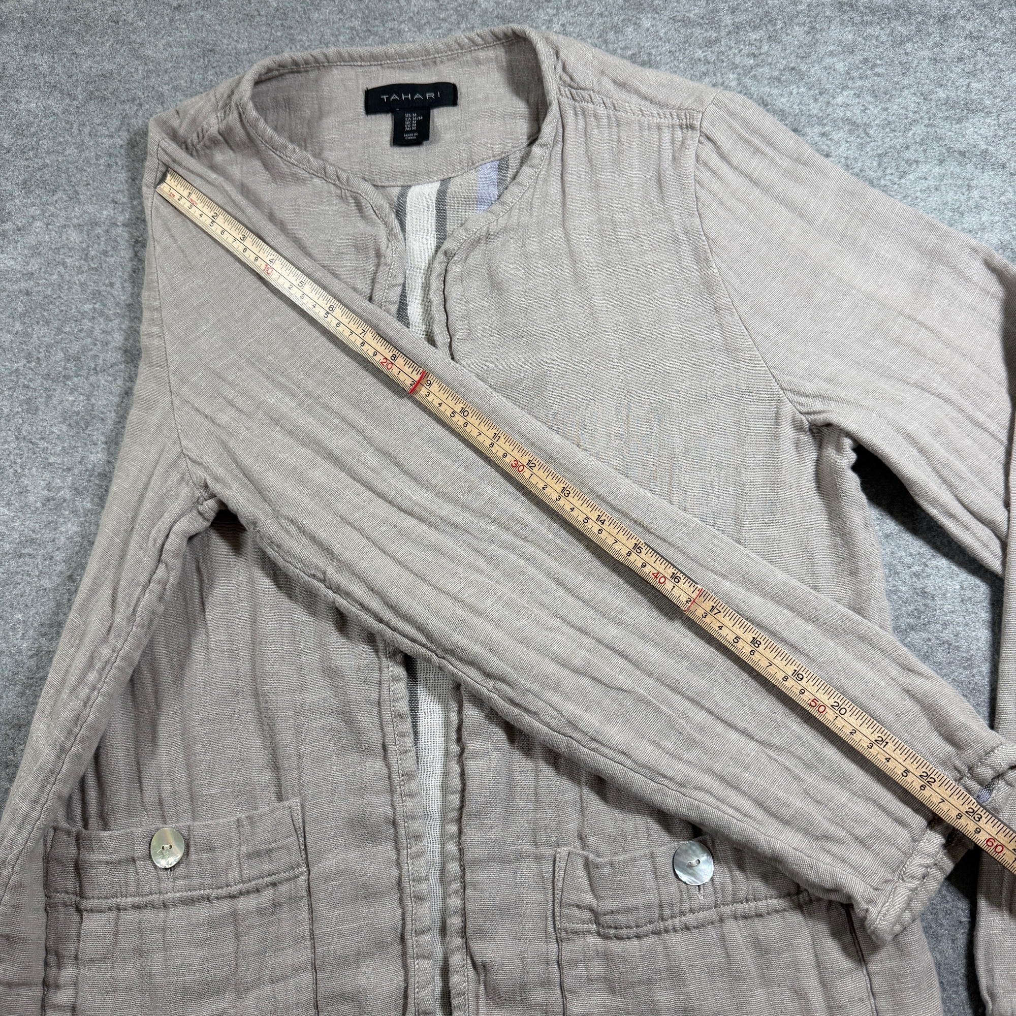 Tahari Linen Jacket Womens M Taupe Open Front Button Pockets Office Workwear thumbnail 8