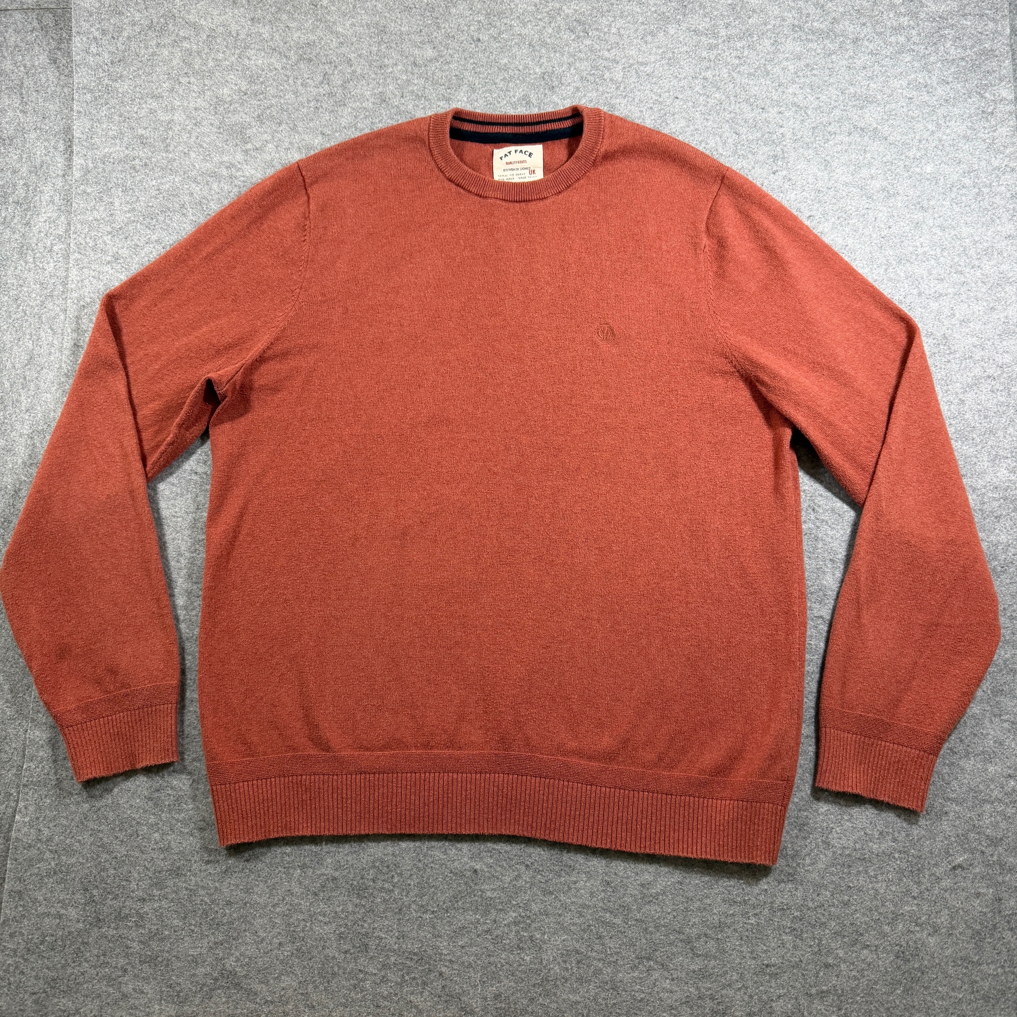 Fat Face Crewneck Sweater Mens L Rust Orange Cotton Wool Blend Embroidered Logo