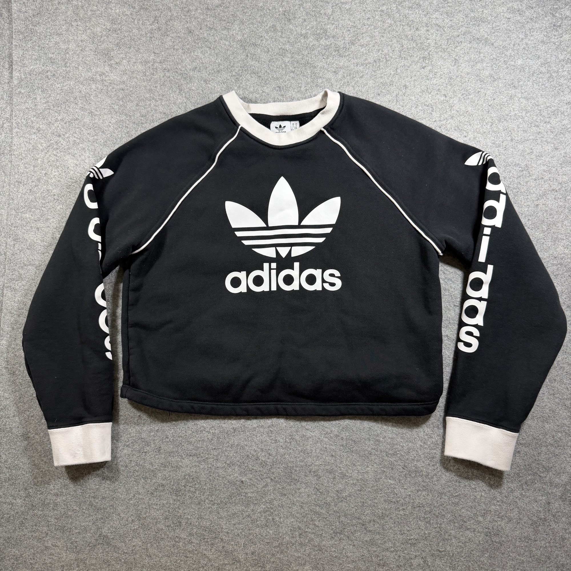 Adidas Cropped Sweatshirt Womens M Black Trefoil Logo Raglan Cotton Spellout