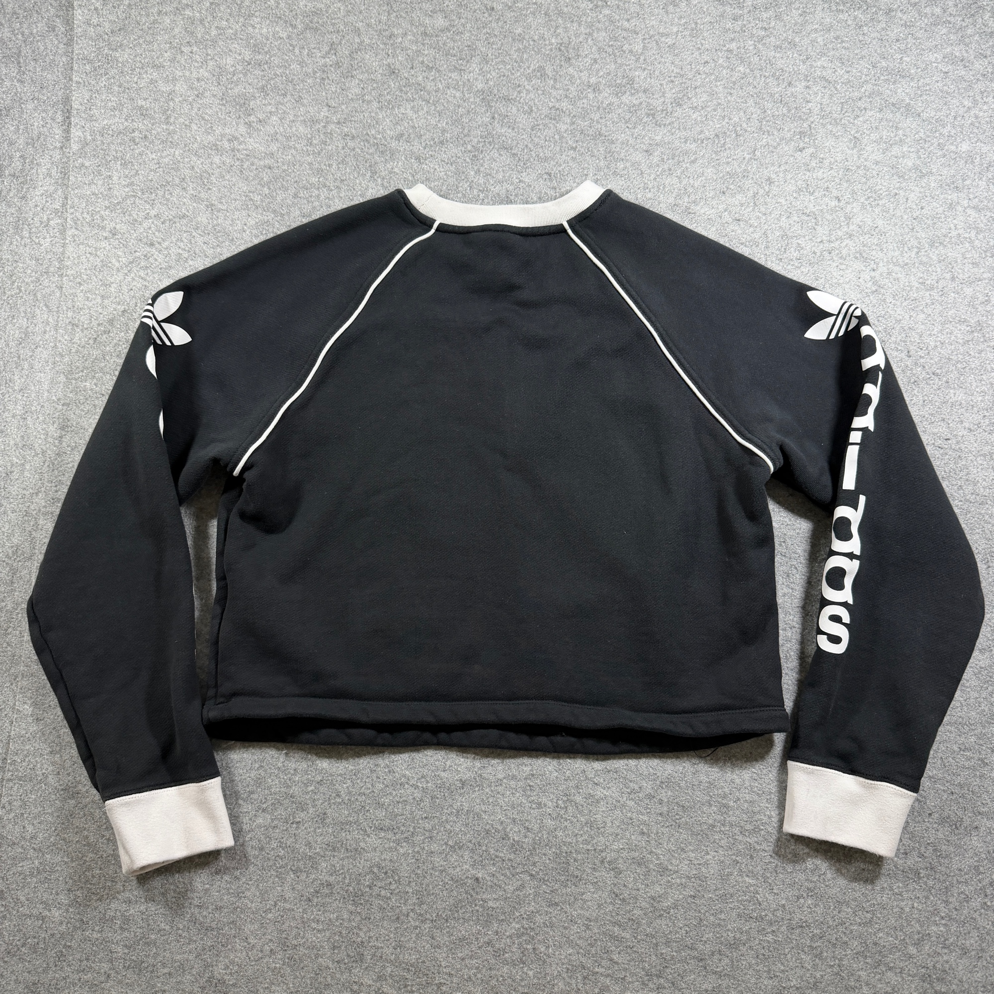 Adidas Cropped Sweatshirt Womens M Black Trefoil Logo Raglan Cotton Spellout thumbnail 2