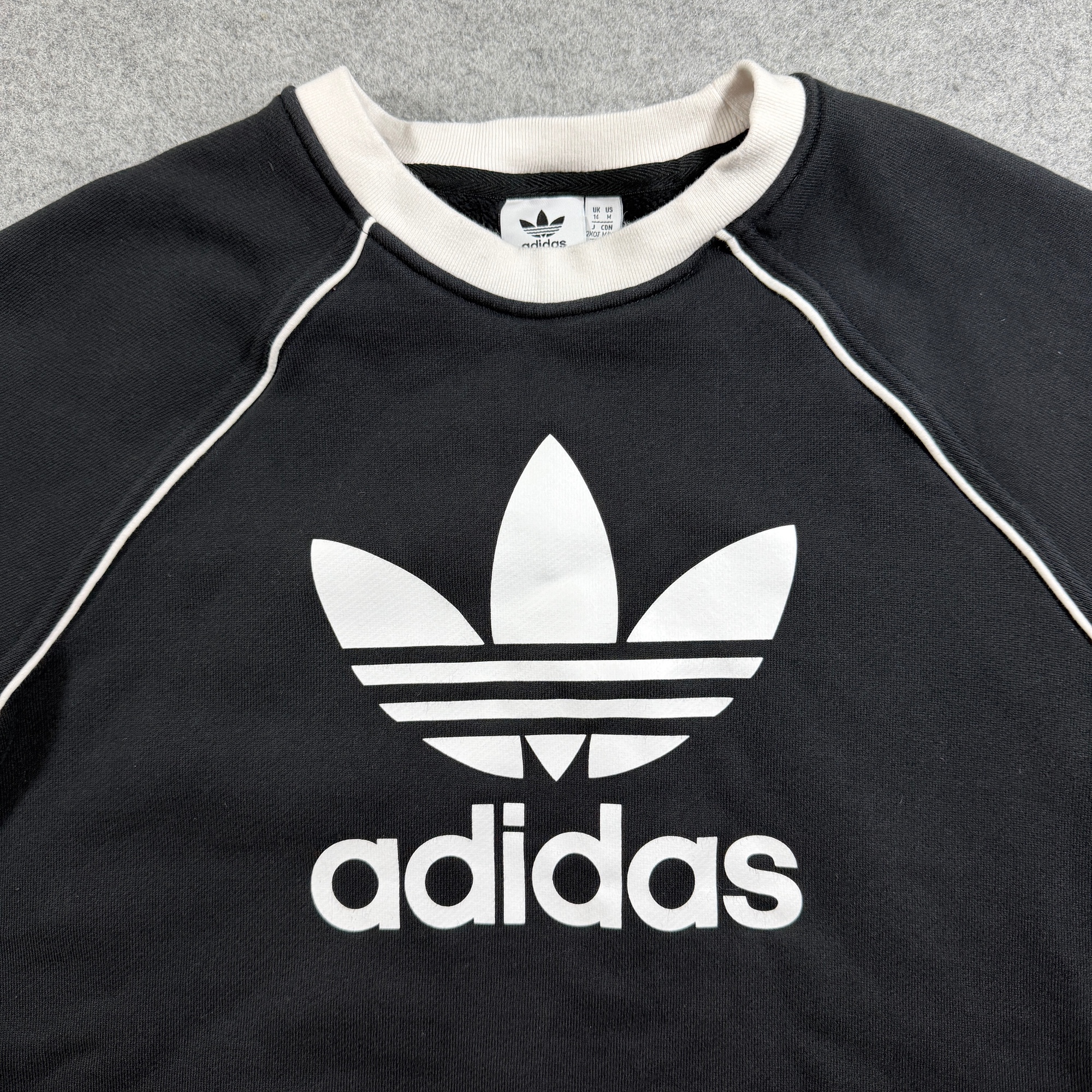 Adidas Cropped Sweatshirt Womens M Black Trefoil Logo Raglan Cotton Spellout thumbnail 3