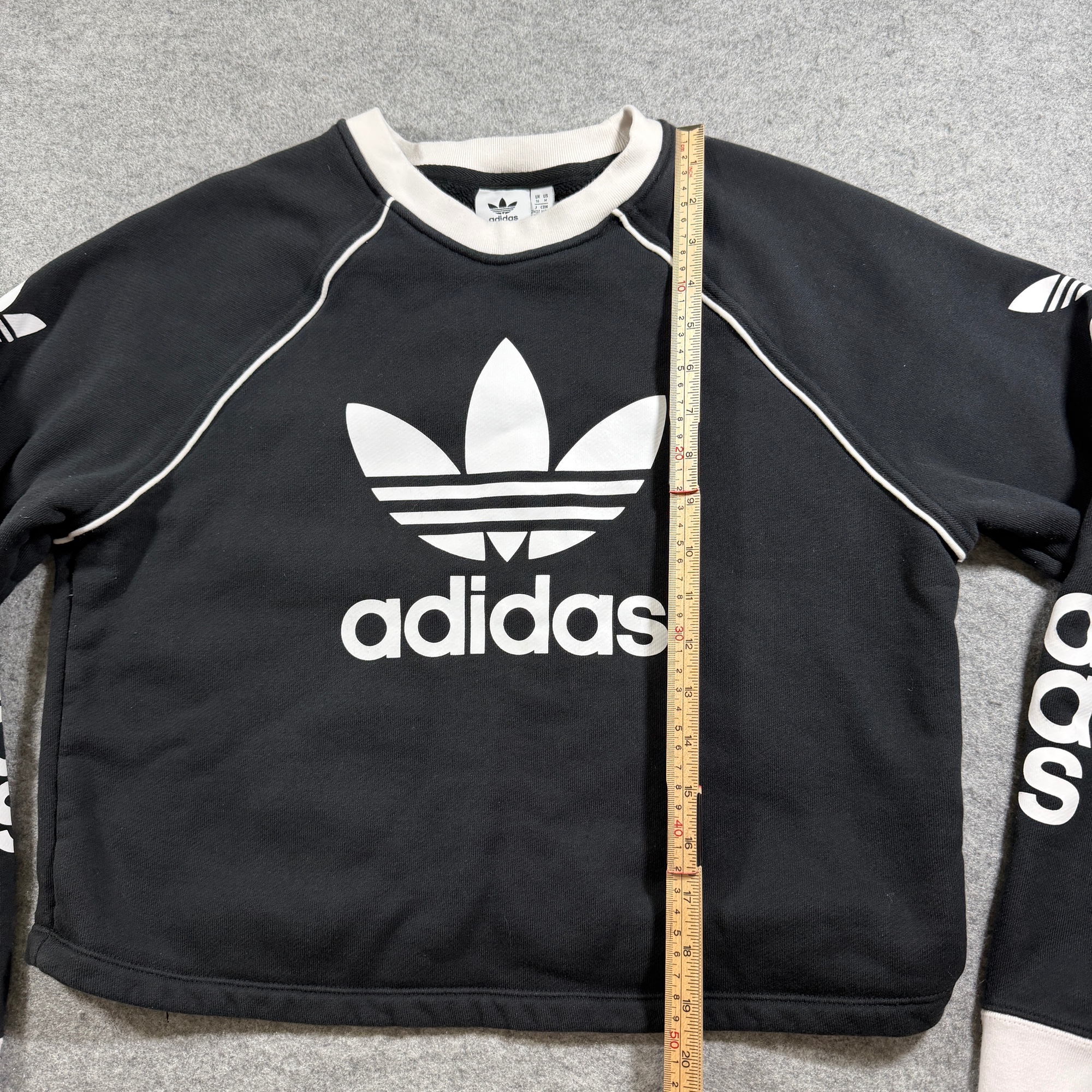 Adidas Cropped Sweatshirt Womens M Black Trefoil Logo Raglan Cotton Spellout thumbnail 7