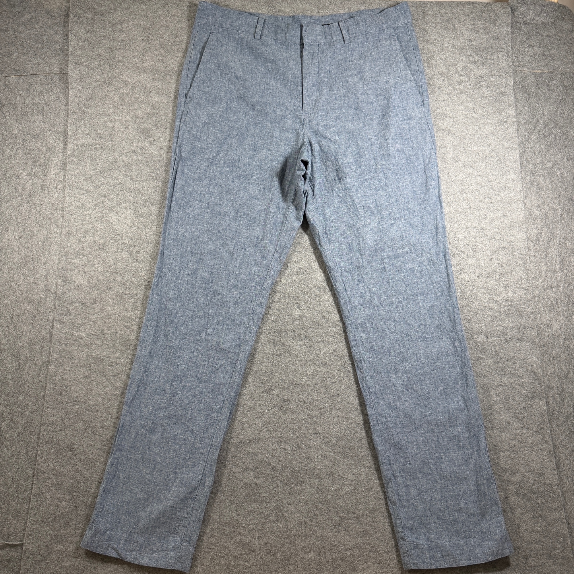Perry Ellis Portfolio Pants Mens 34x32 Blue Linen Cotton Slim Fit Dress Chino