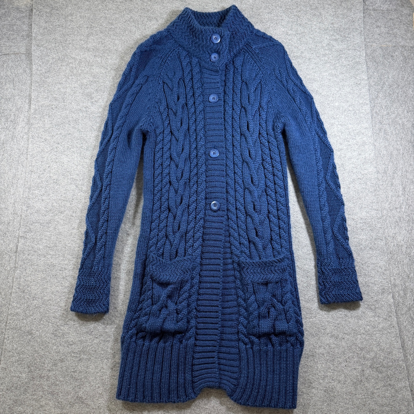 WoolOvers 100% Wool Cable Knit Cardigan Womens L Navy Mock Neck Button Front