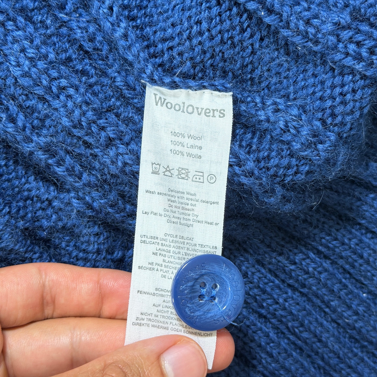WoolOvers 100% Wool Cable Knit Cardigan Womens L Navy Mock Neck Button Front thumbnail 5