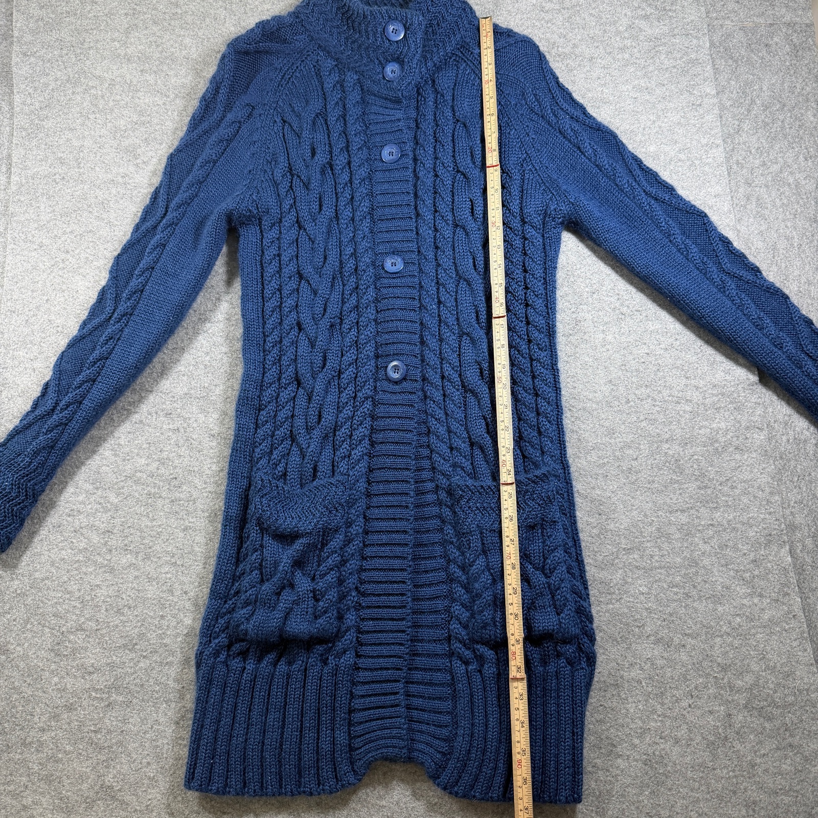 WoolOvers 100% Wool Cable Knit Cardigan Womens L Navy Mock Neck Button Front thumbnail 6