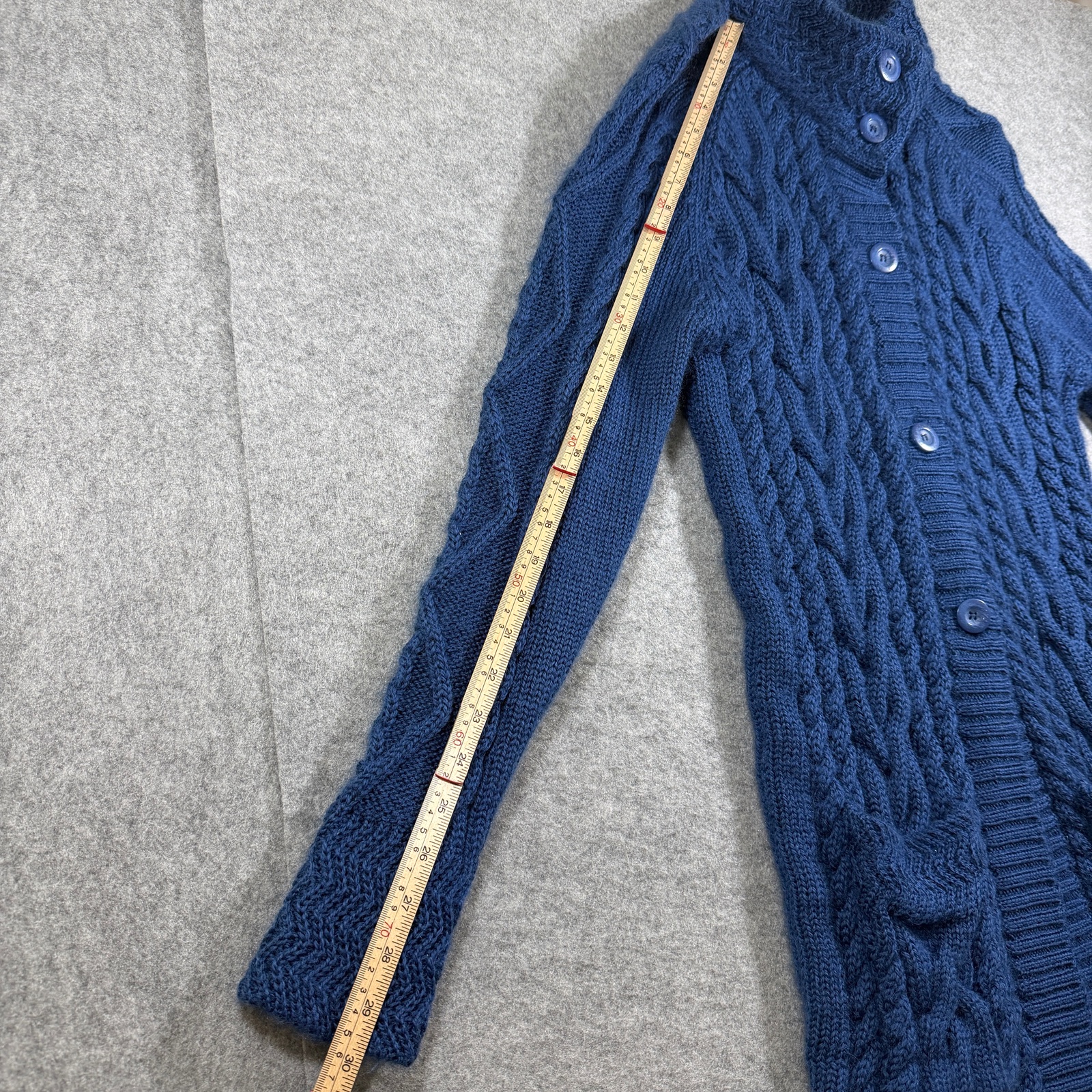 WoolOvers 100% Wool Cable Knit Cardigan Womens L Navy Mock Neck Button Front thumbnail 7
