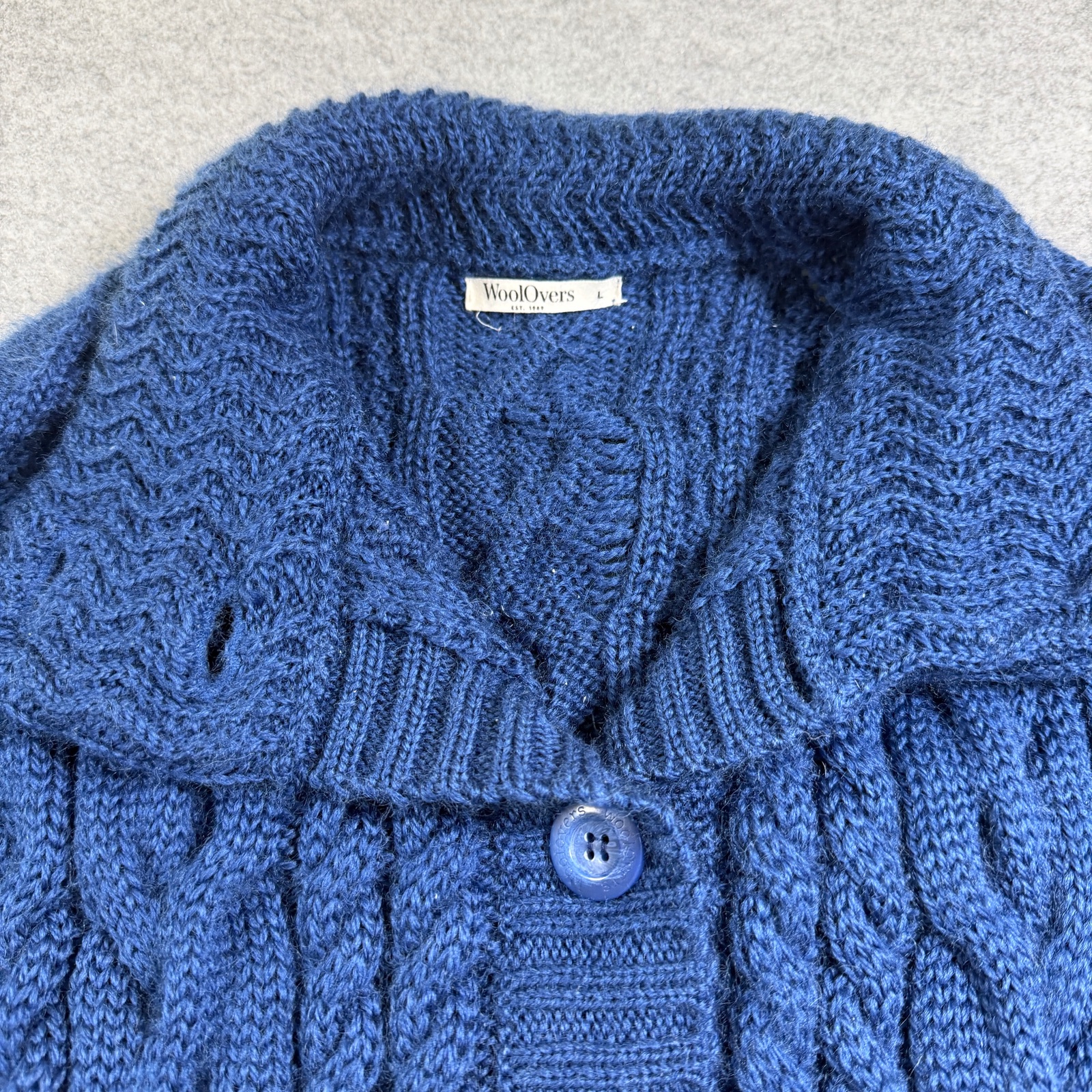 WoolOvers 100% Wool Cable Knit Cardigan Womens L Navy Mock Neck Button Front thumbnail 8