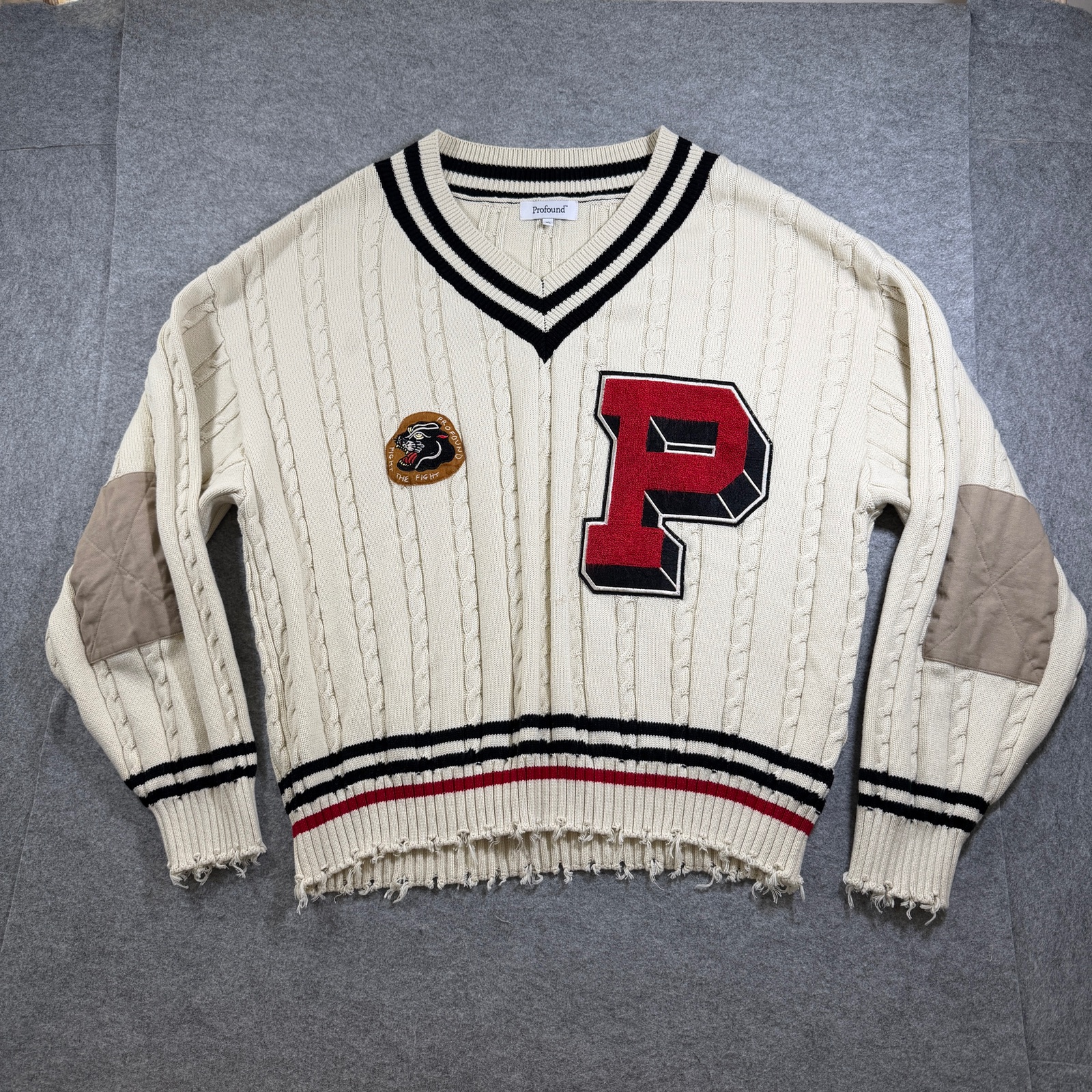 Found Co Varsity Cricket Sweater Men XL Cream Cable Knit Distressed Retro Preppy
