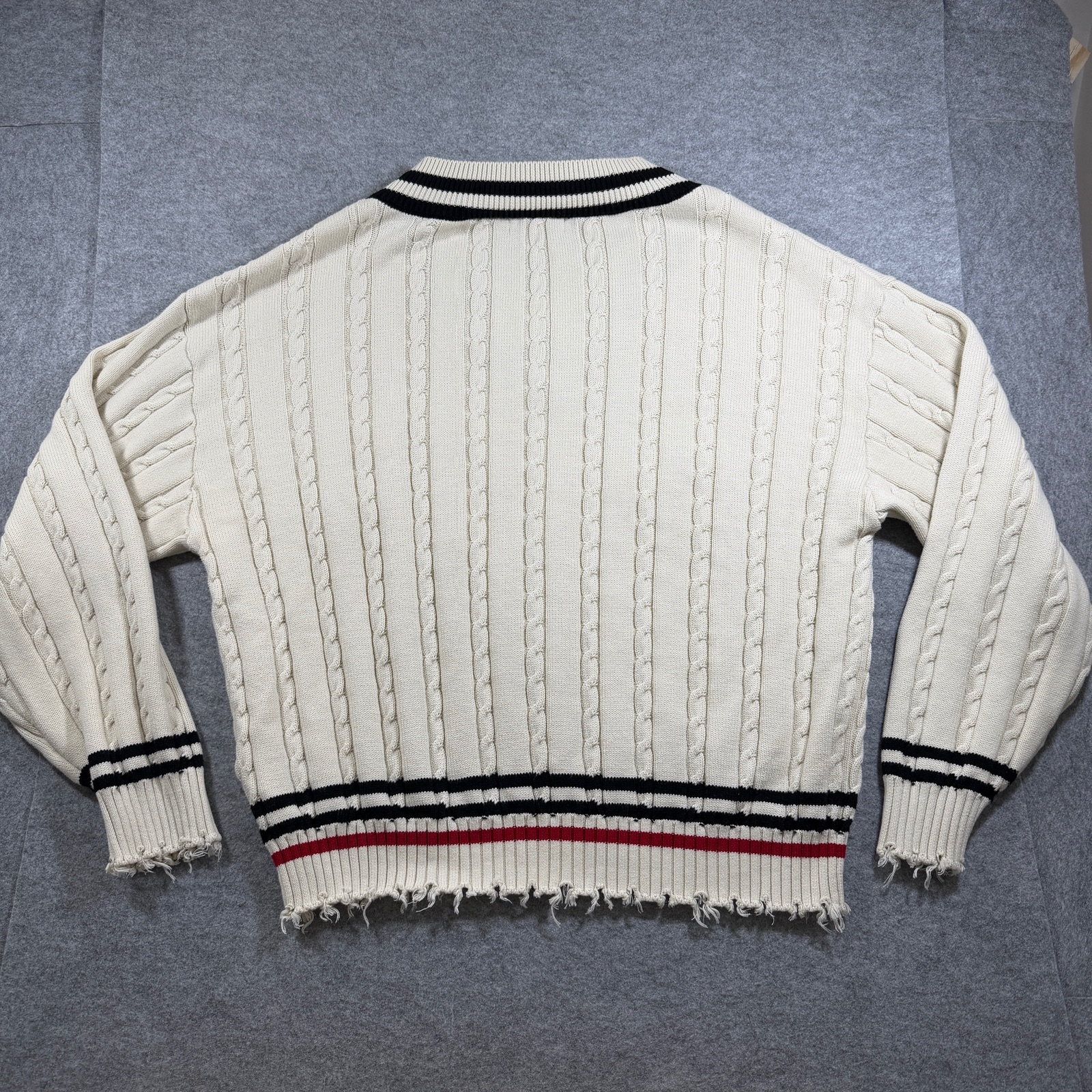 Found Co Varsity Cricket Sweater Men XL Cream Cable Knit Distressed Retro Preppy thumbnail 2