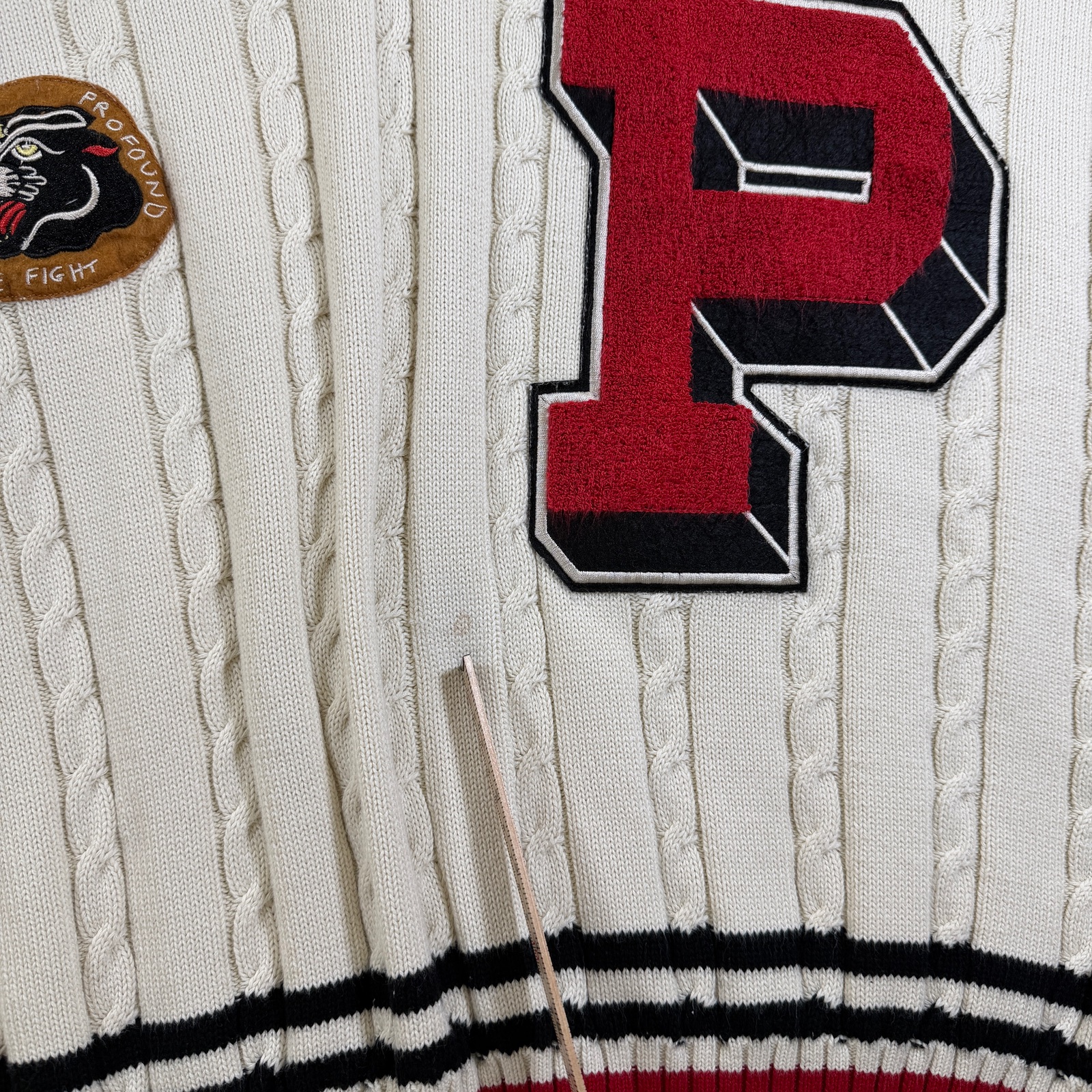 Found Co Varsity Cricket Sweater Men XL Cream Cable Knit Distressed Retro Preppy thumbnail 3